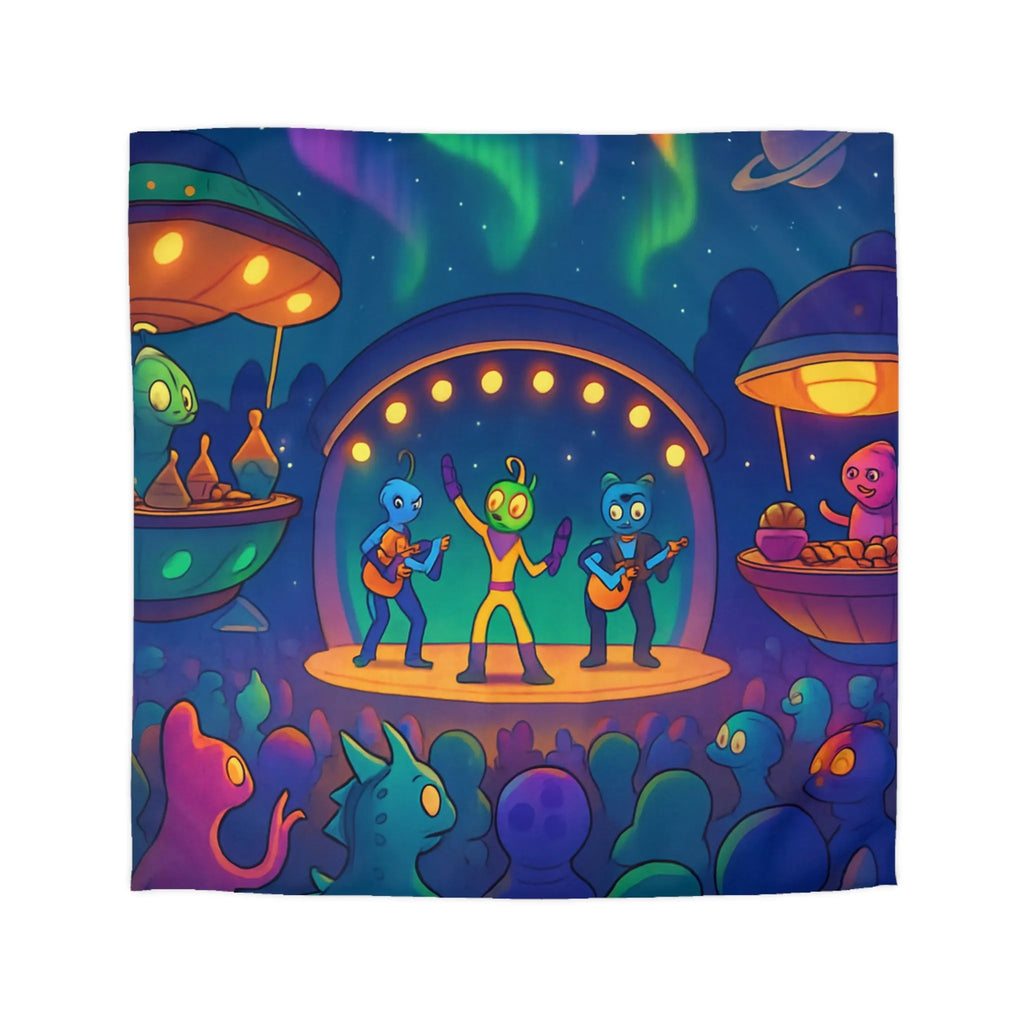 Housse de couette illustrée d'aliens en concert sous des aurores boréales éclatantes