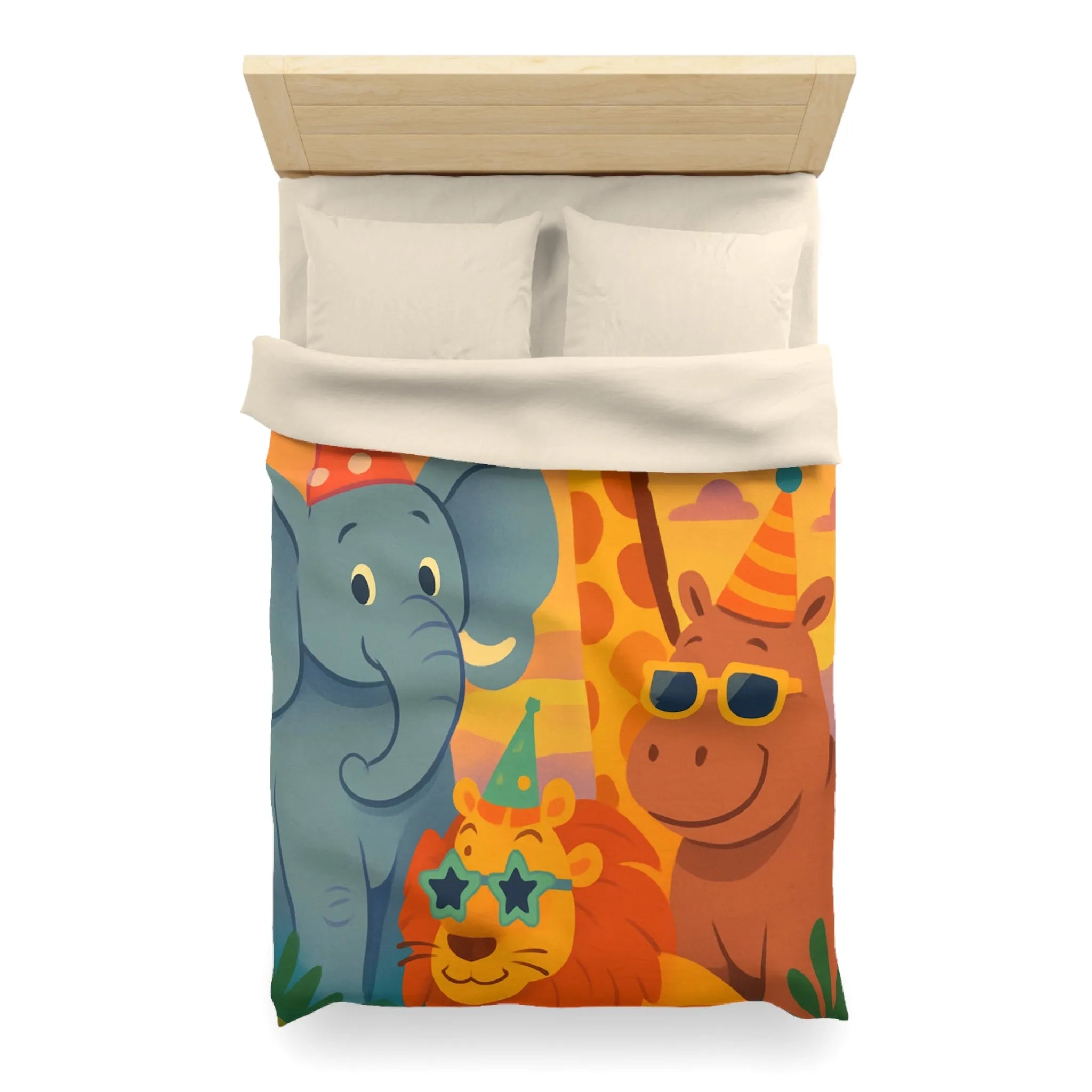 Housse de couette enfantine avec animaux de safari festifs et chapeaux colorés en fête