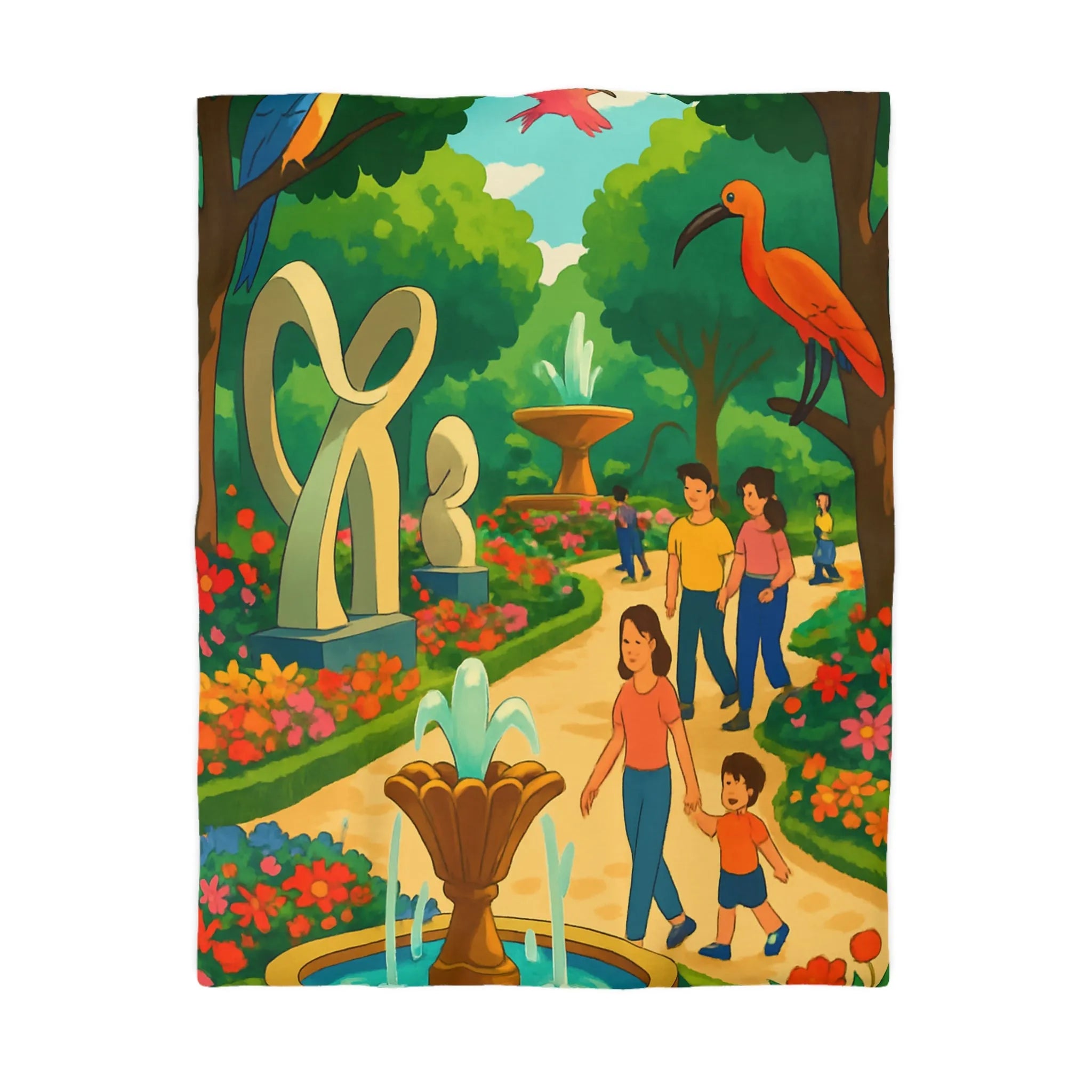 Housse de Couette Colorée Illustrant un Jardin avec Oiseaux et Familles en Promenade