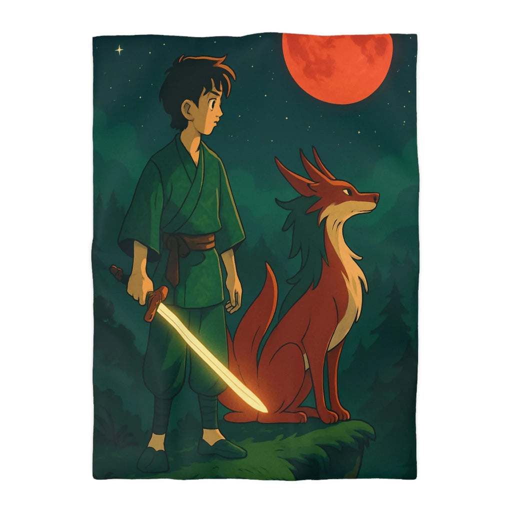 Housse de couette épique avec lune rouge, scène mystique et créature légendaire