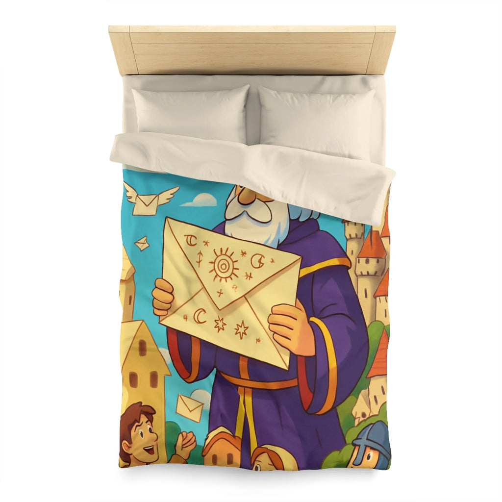 Housse de couette joyeuse avec roi médiéval et château féerique pour enfants
