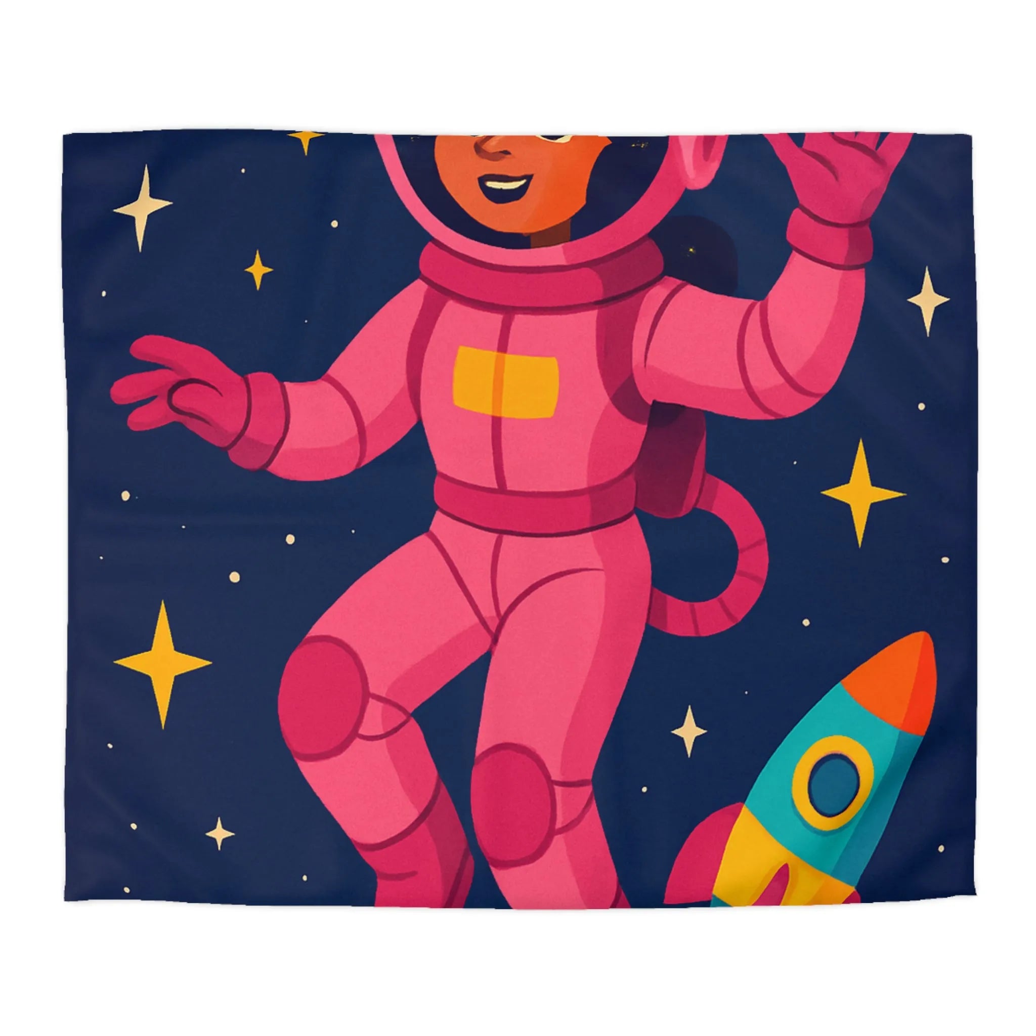 Housse de couette enfant avec astronaute rose et planètes colorées en fond spatial