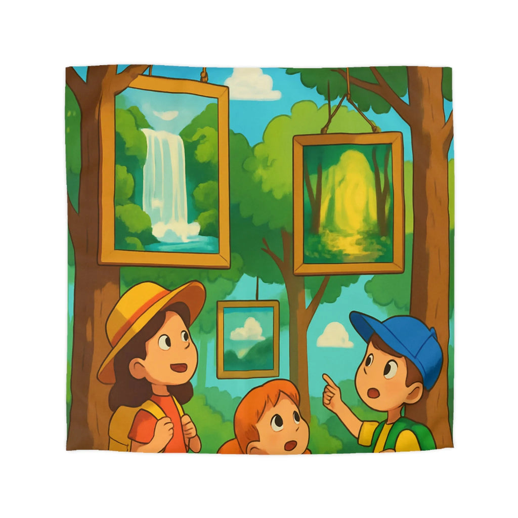 Housse de couette enfantine avec scène de forêt, cascades et exploration nature féérique