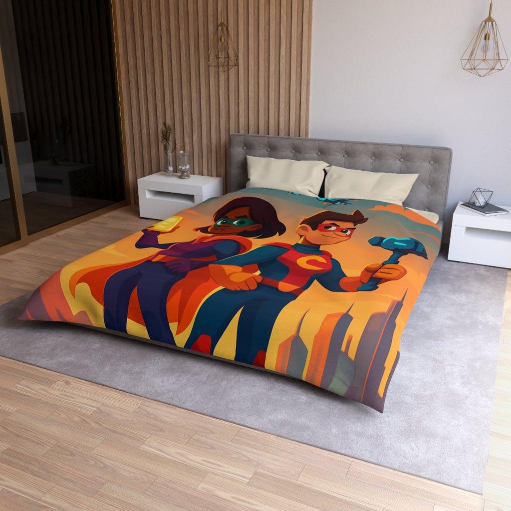 Super-héros Enfantins avec Drones dans Paysage Urbain Coloré Crépusculaire Illustré