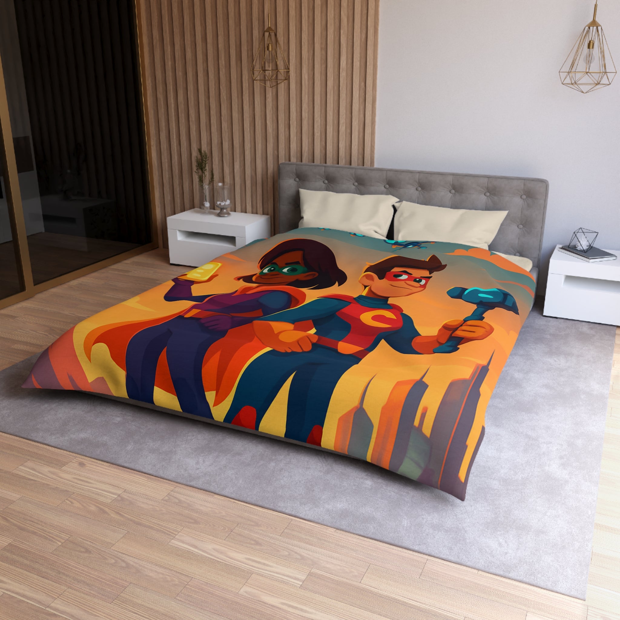 Super-héros Enfantins avec Drones dans Paysage Urbain Coloré Crépusculaire Illustré