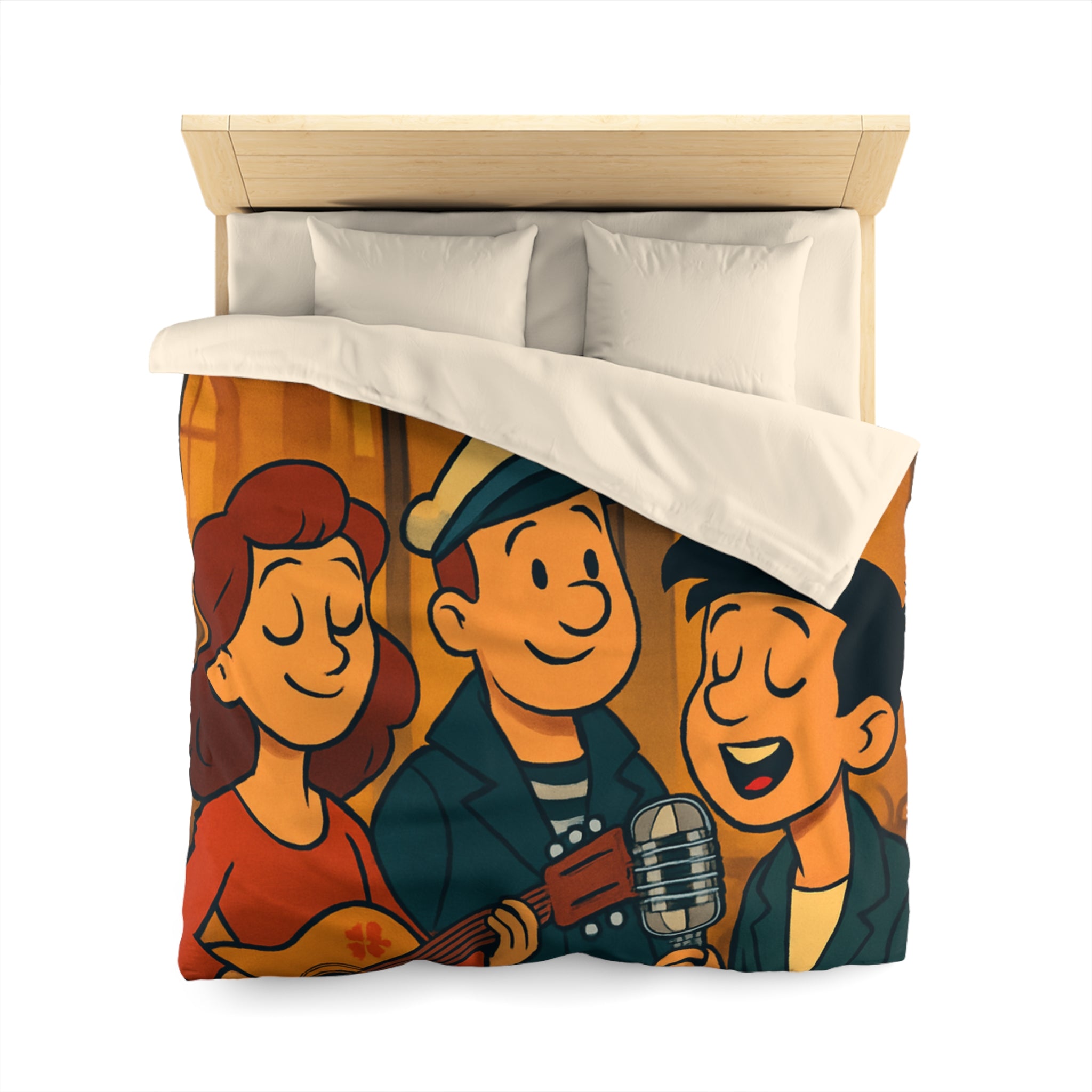 Housse de Couette Vintage avec Scène de Musique de Rue Nocturne et Personnages Colorés