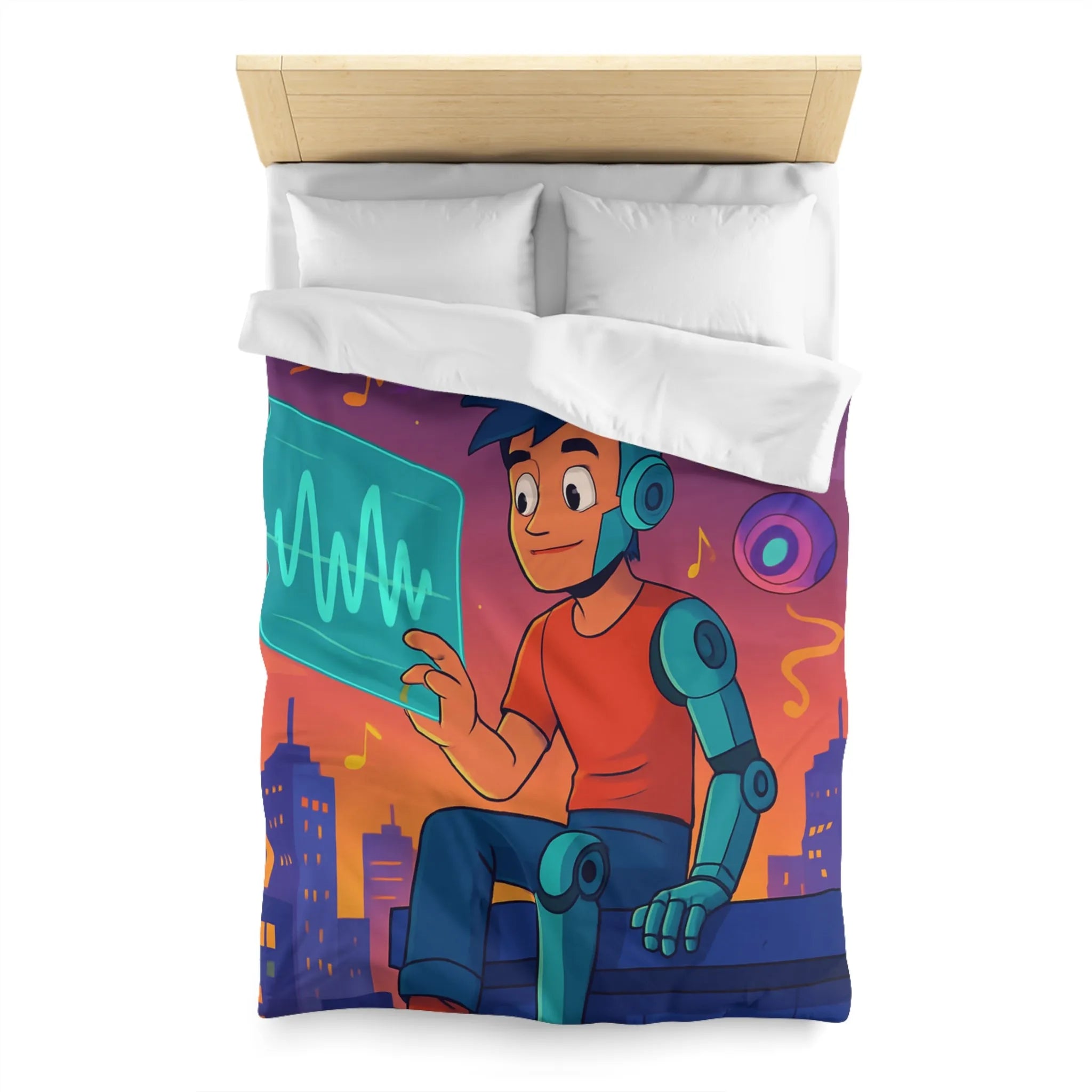 Housse de couette illustrée avec robot et skyline de nuit vibrante et colorée