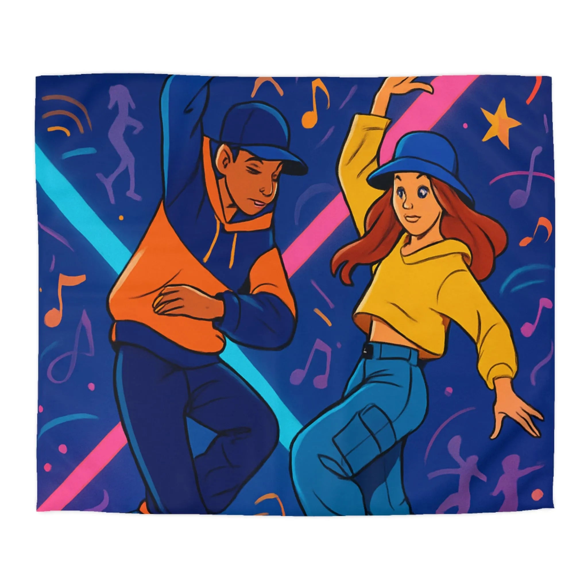 Housse de couette dynamique avec danseurs hip hop sur fond coloré et musical