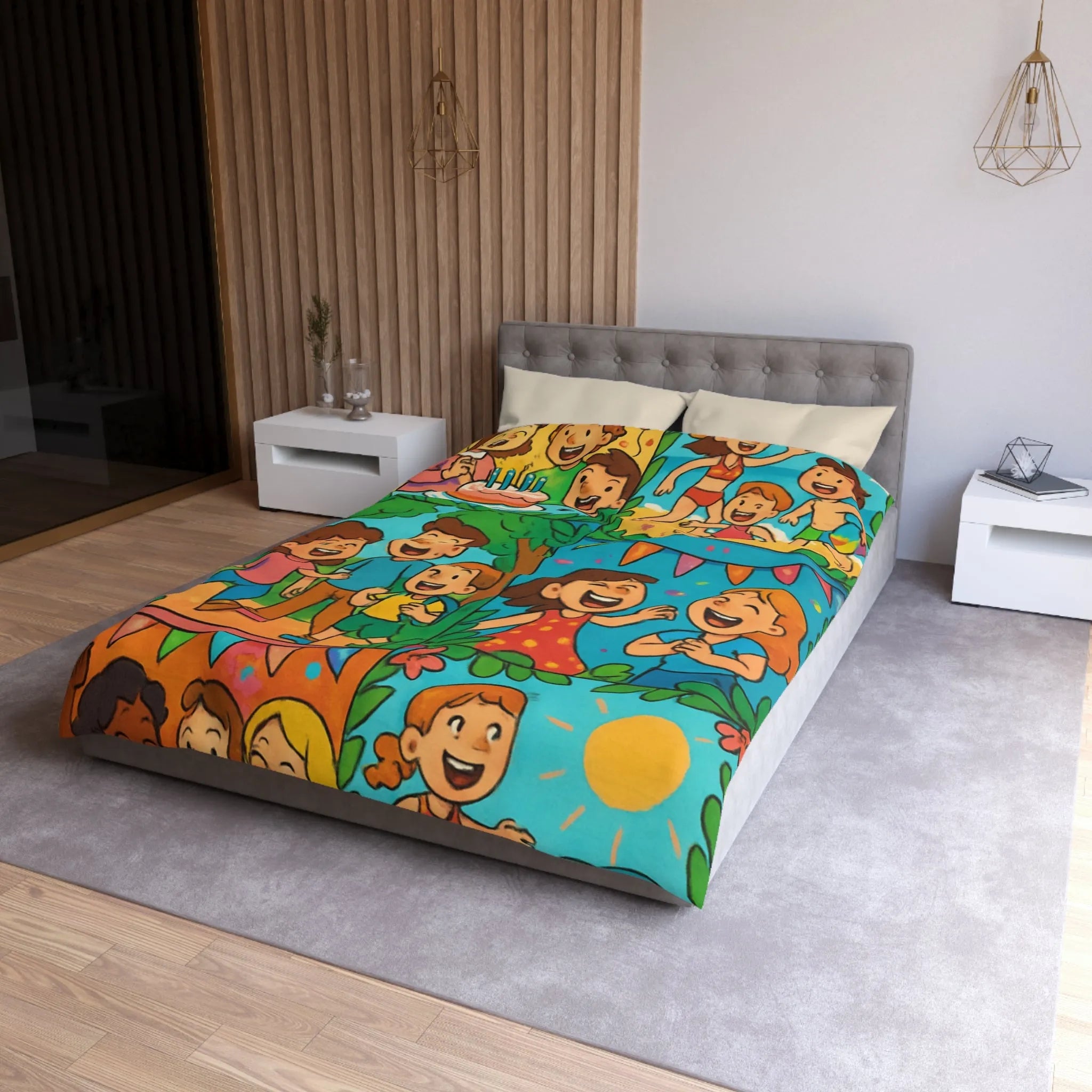 Housse de couette colorée avec scènes animées joyeuses pour enfants à thème festif