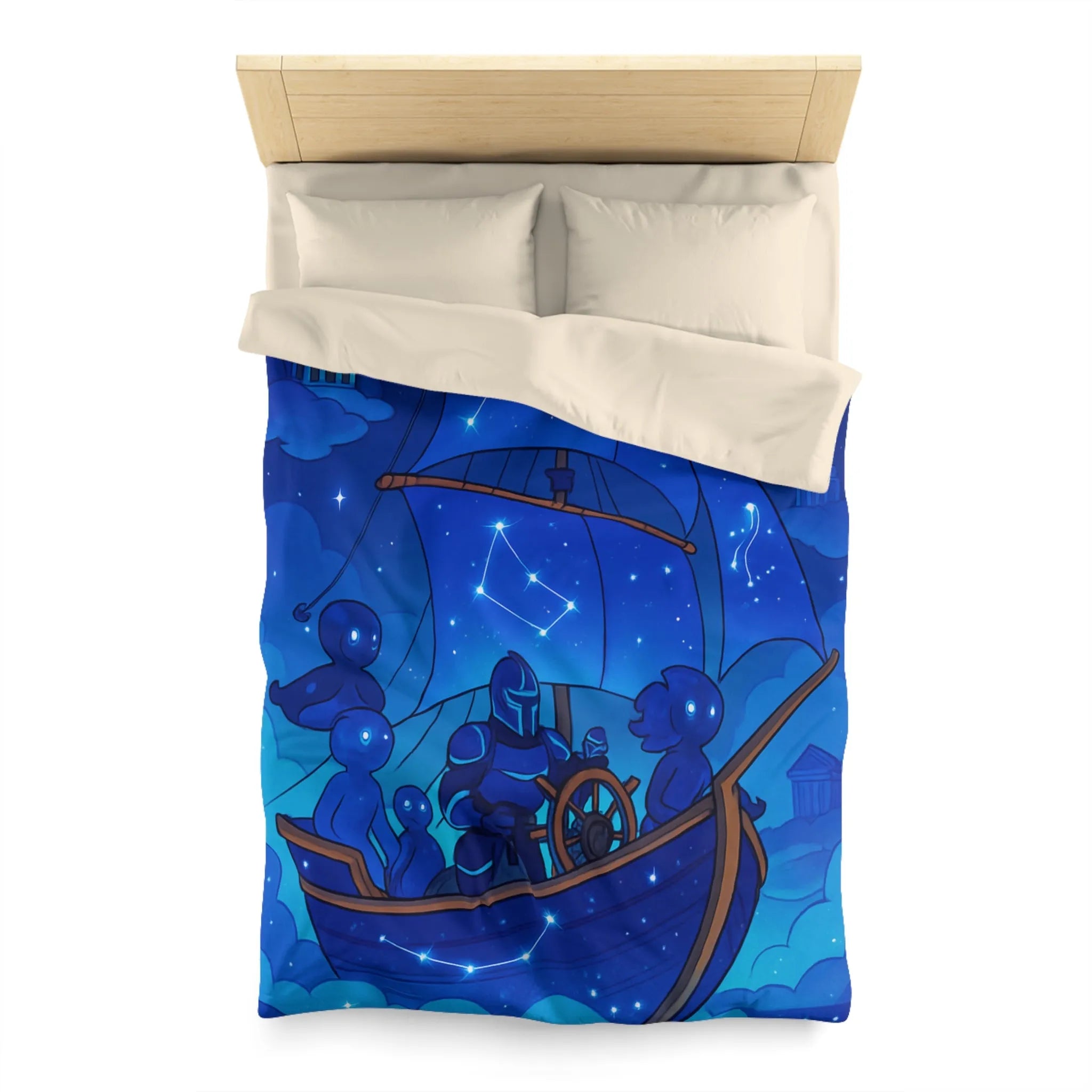 Housse de Couette Inspirée Ciel Étoilé avec Bateau et Constellations Bleu Nuit