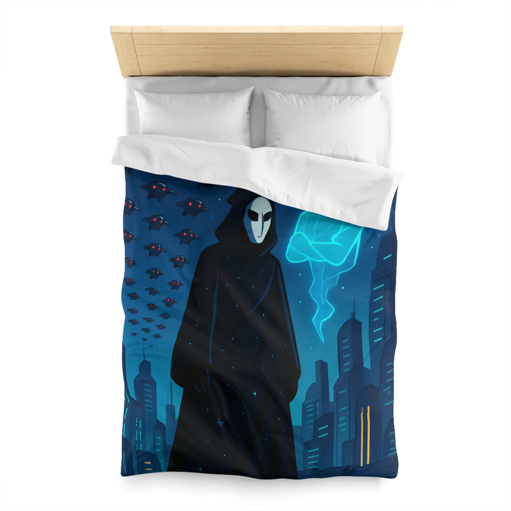 Housse de couette spatiale avec figure masquée et paysage urbain futuriste