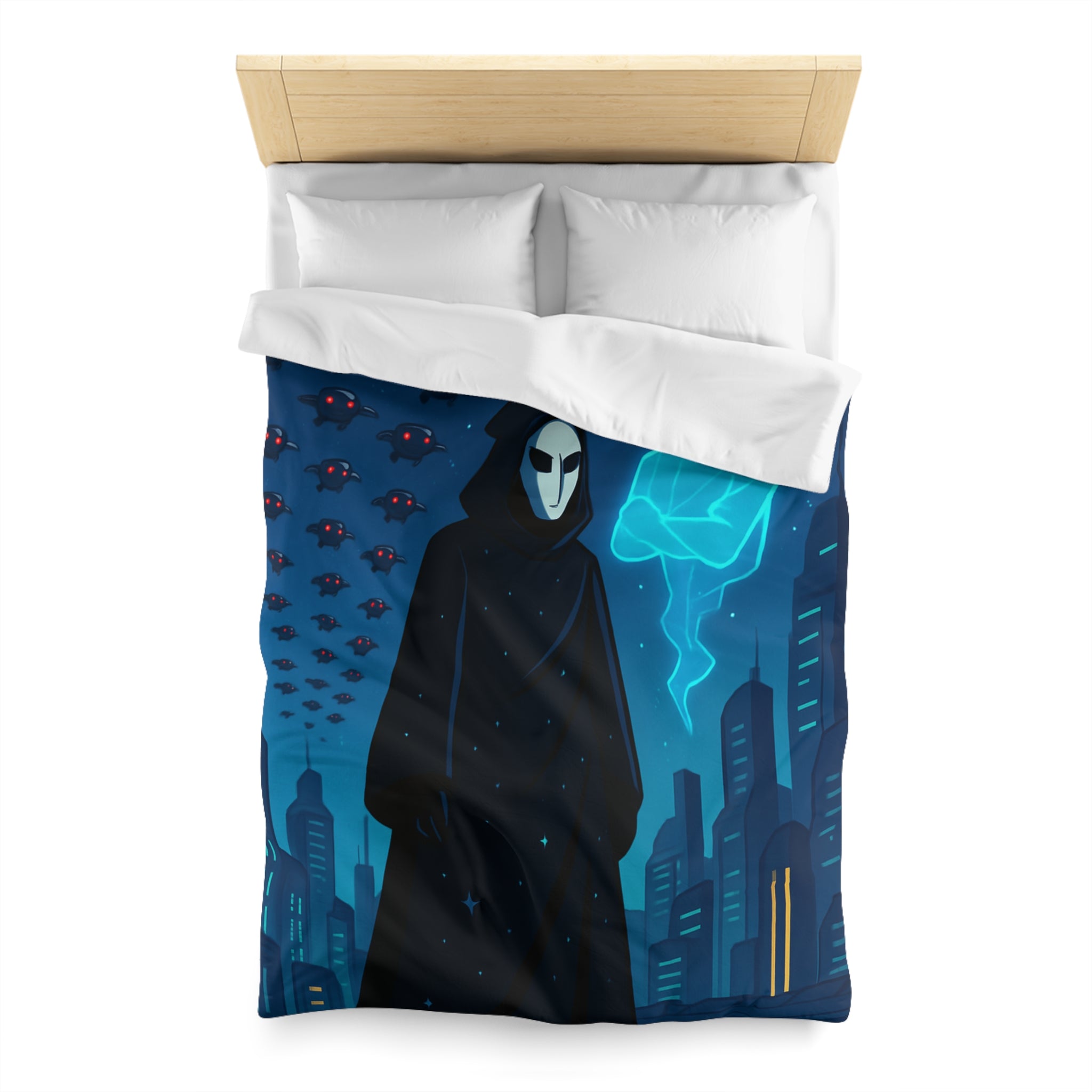 Housse de couette spatiale avec figure masquée et paysage urbain futuriste
