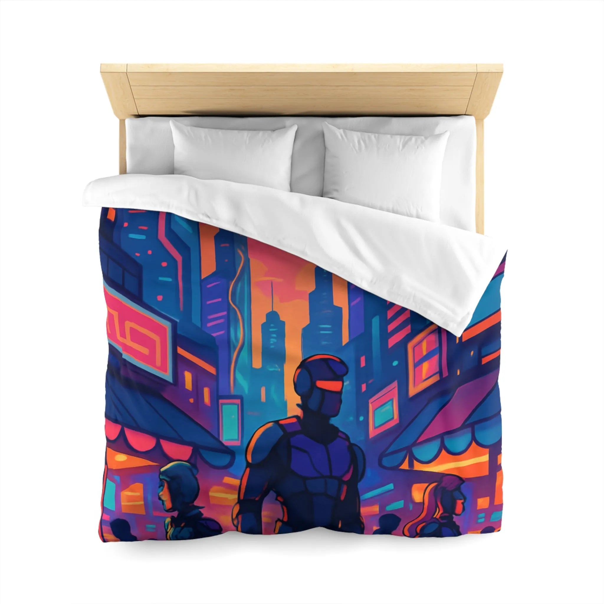 Housse de couette futuriste avec skyline néon et silhouettes urbaines nocturnes modernes