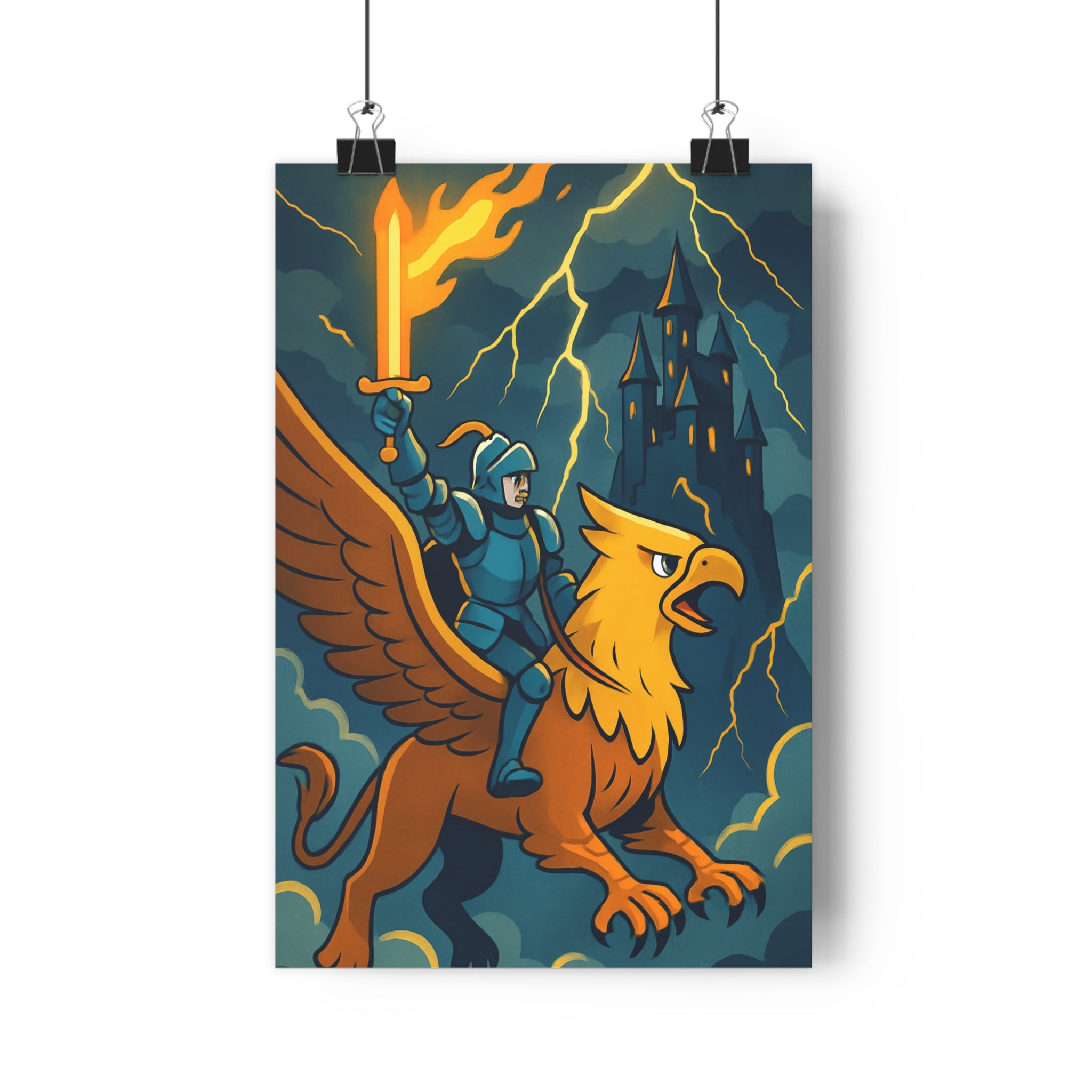 Poster décoratif épique chevaleresque bleu doré aventure chevalier épée griffon ciel château bureau qualité