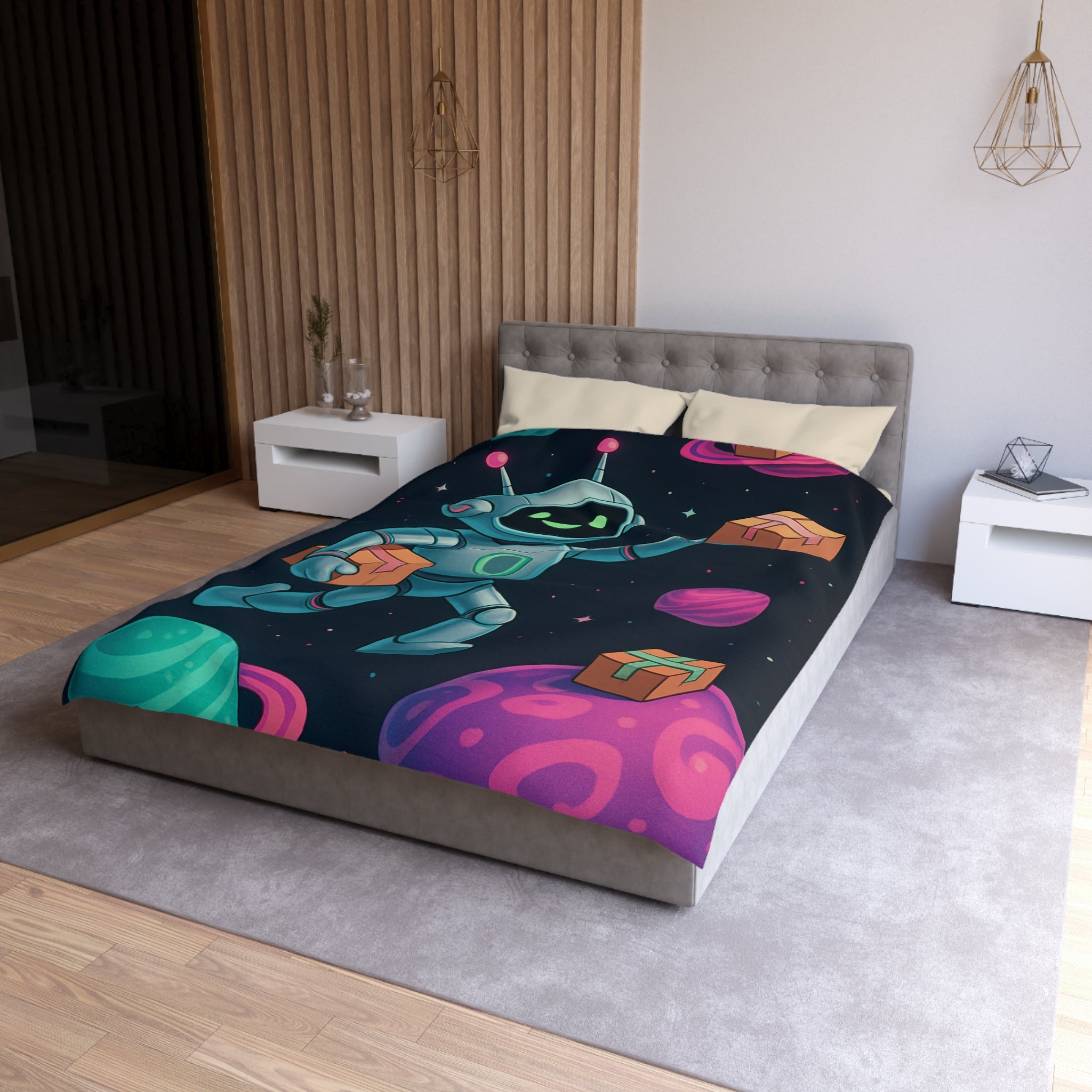 Housse de Couette Spatiale avec Robot Jovial et Planètes Colorées pour Enfants