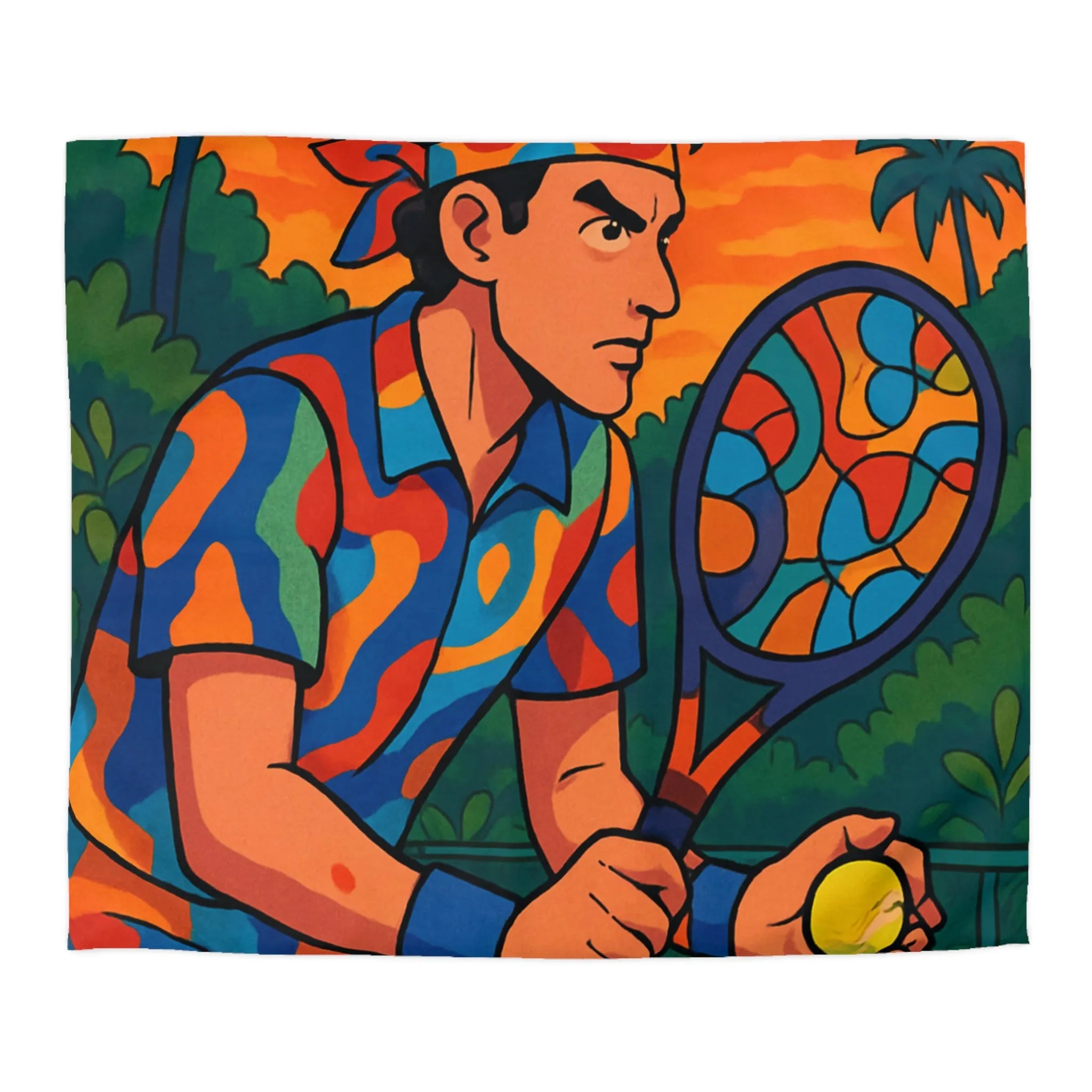 Housse de Couette Colorée Tennis Design Vibrant avec Joueur en Action et Palmiers