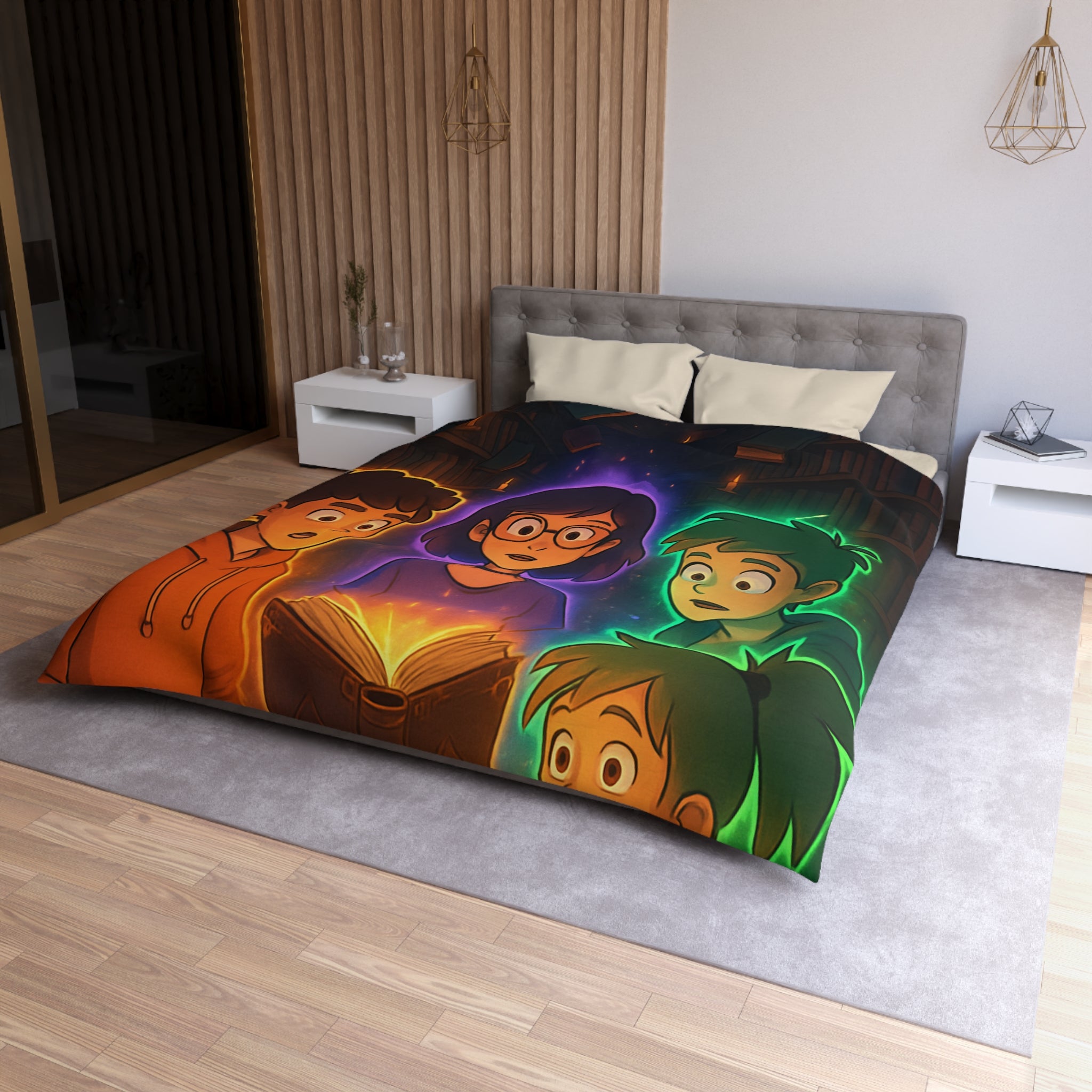 Housse de Couette Mystérieuse avec Enfants Découvrant Livre Magique dans Bibliothèque Enchantée