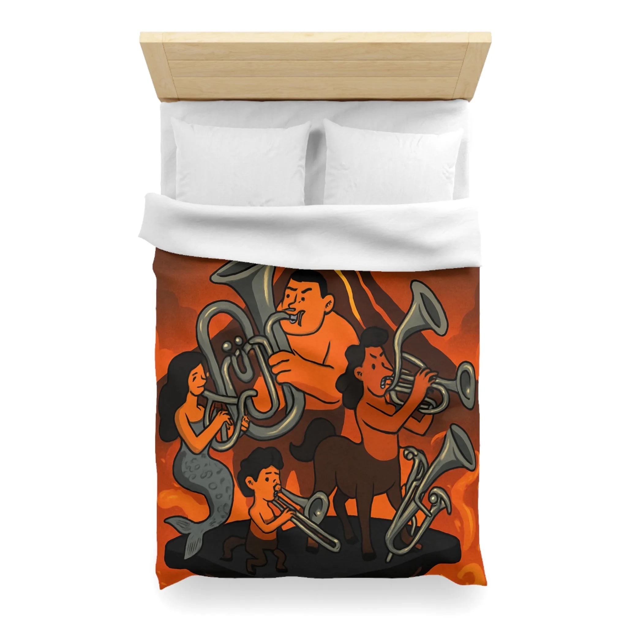 Housse de couette avec design mythique de musiciens sur fond volcanique flamboyant