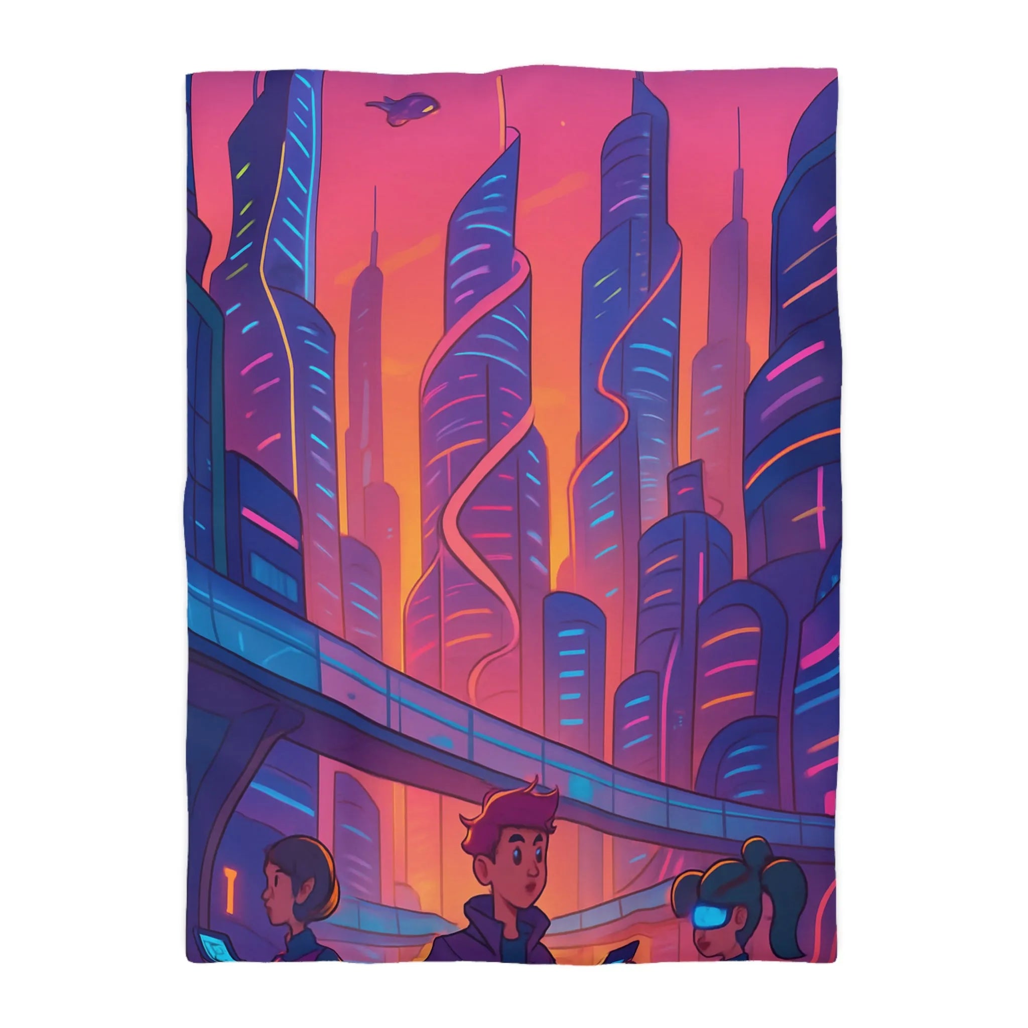 Housse de couette décor futuriste avec ville néon et gratte-ciel au coucher du soleil