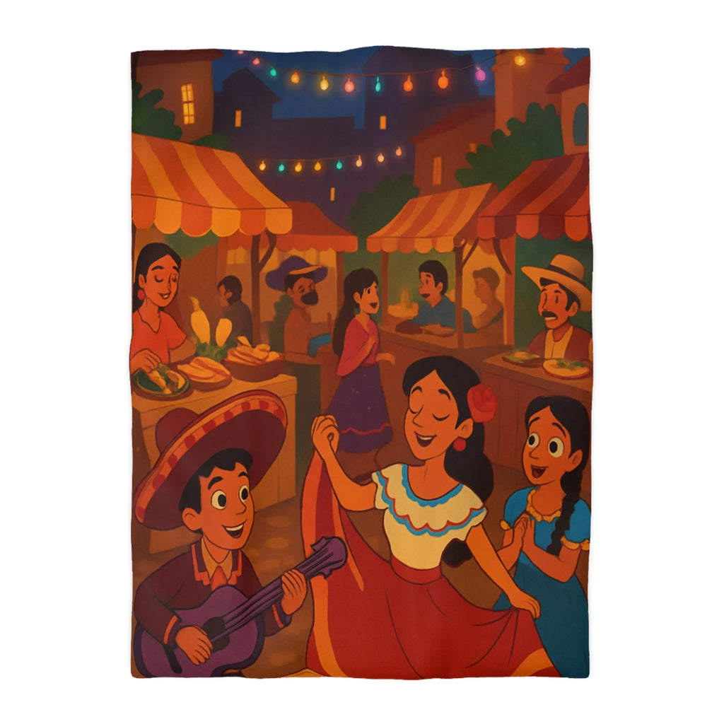 Housse de Couette Illustrée avec Scène Festive Colorée du Marché Nocturne Traditionnel