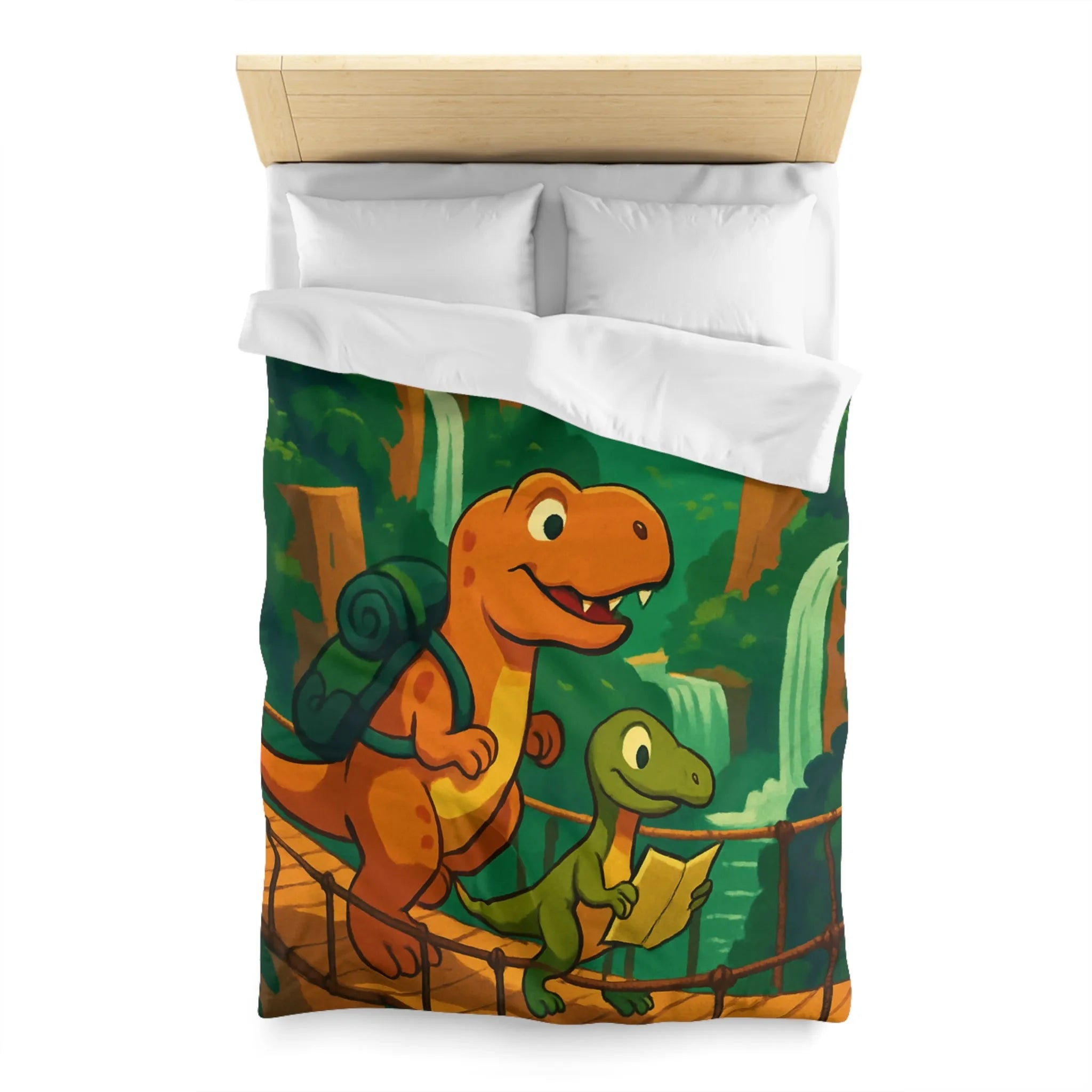 Housse de couette avec dinosaures explorateurs sur pont suspendu dans jungle luxuriante