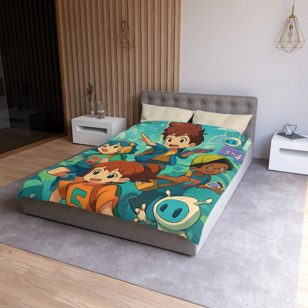 Housse de couette éducative enfants avec chiffres, robots et arrière-plan de labyrinthe coloré