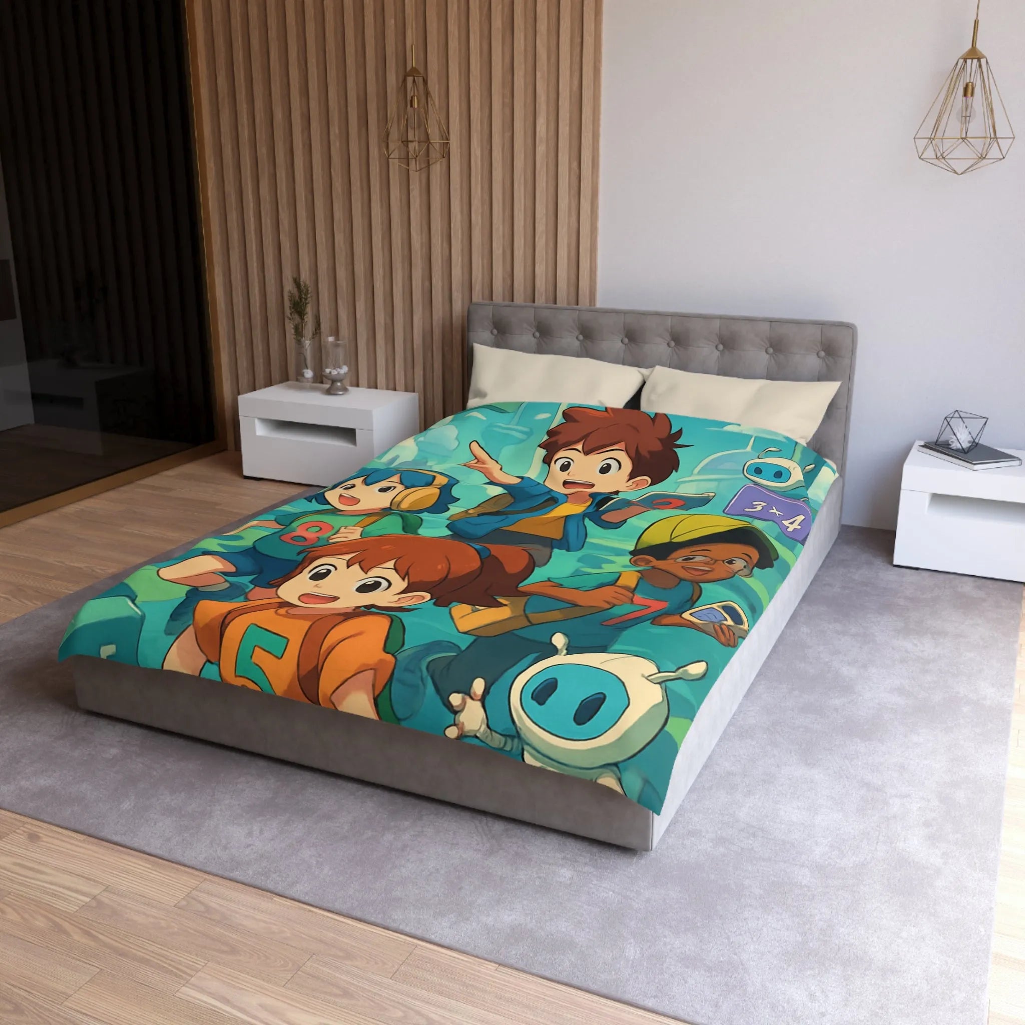 Housse de couette éducative enfants avec chiffres, robots et arrière-plan de labyrinthe coloré