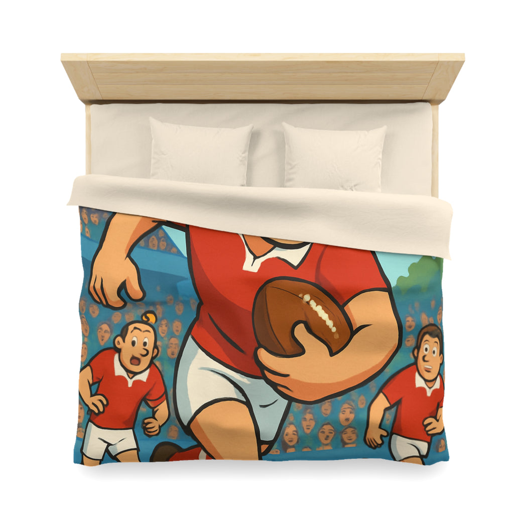 Housse de couette rugby dynamique en rouge et blanc pour chambre d'enfant sportive
