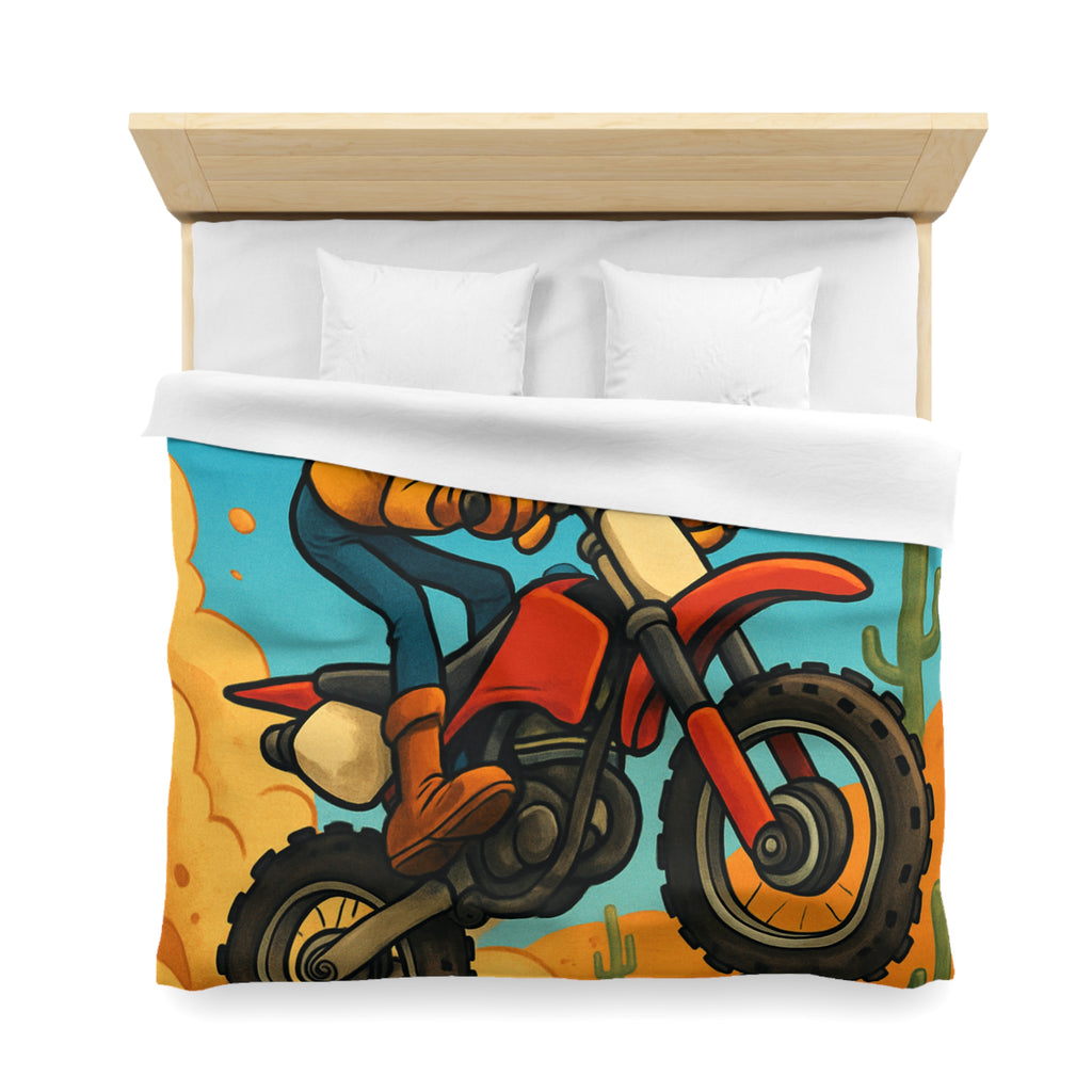 Motard animé sur motocross sautant à travers désert coloré avec cactus et nuages