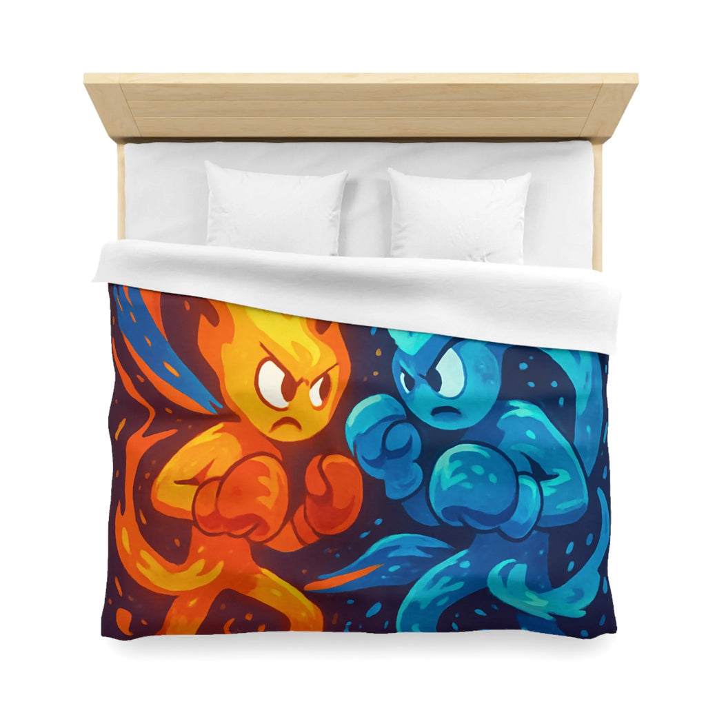 Housse de couette avec illustration dynamique de feu et eau s'affrontant