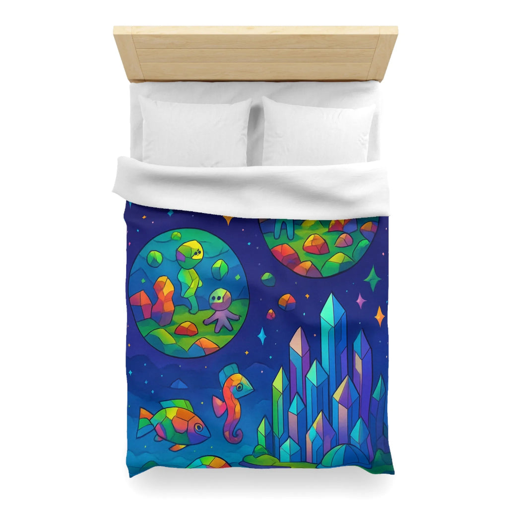 Housse de couette colorée avec paysages extraterrestres, créatures mignonnes et cristaux célestes