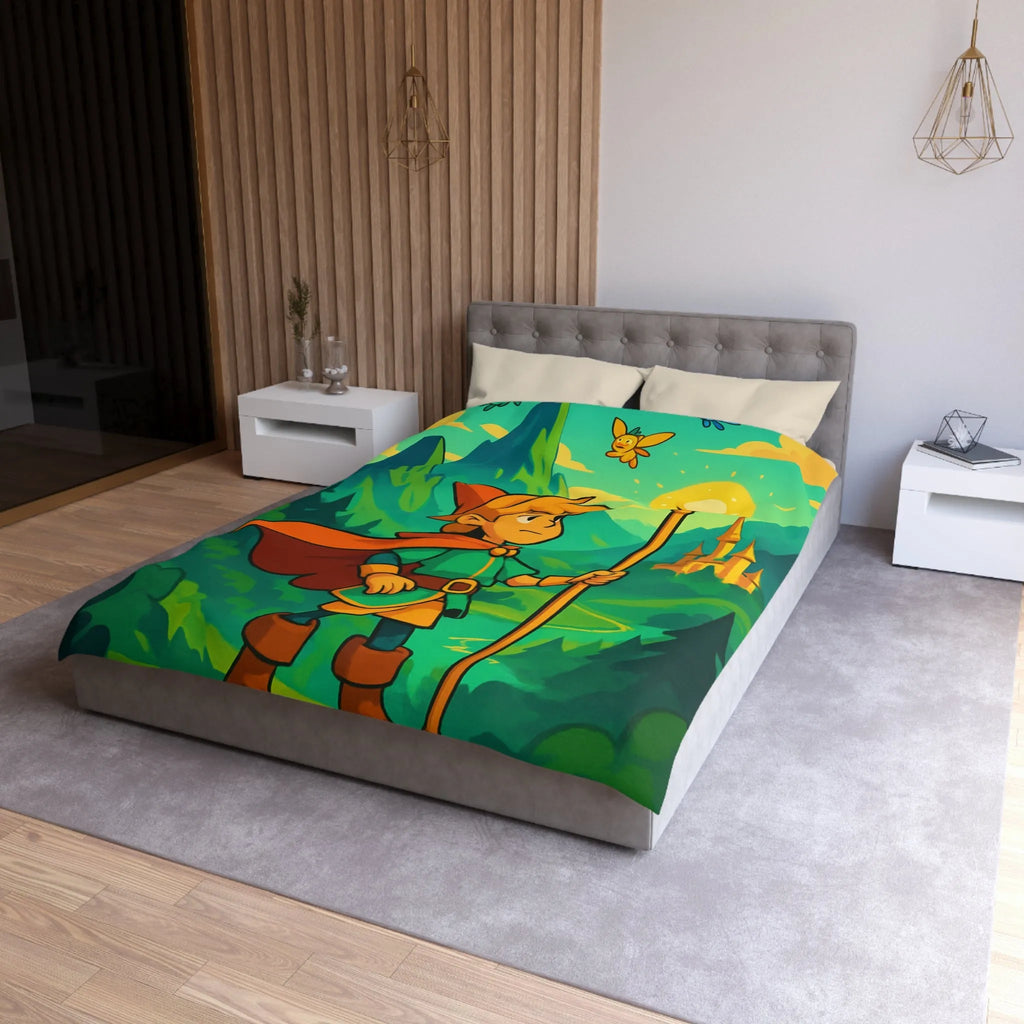 Housse de couette enfant avec illustration magique d'un explorateur et créatures mystiques