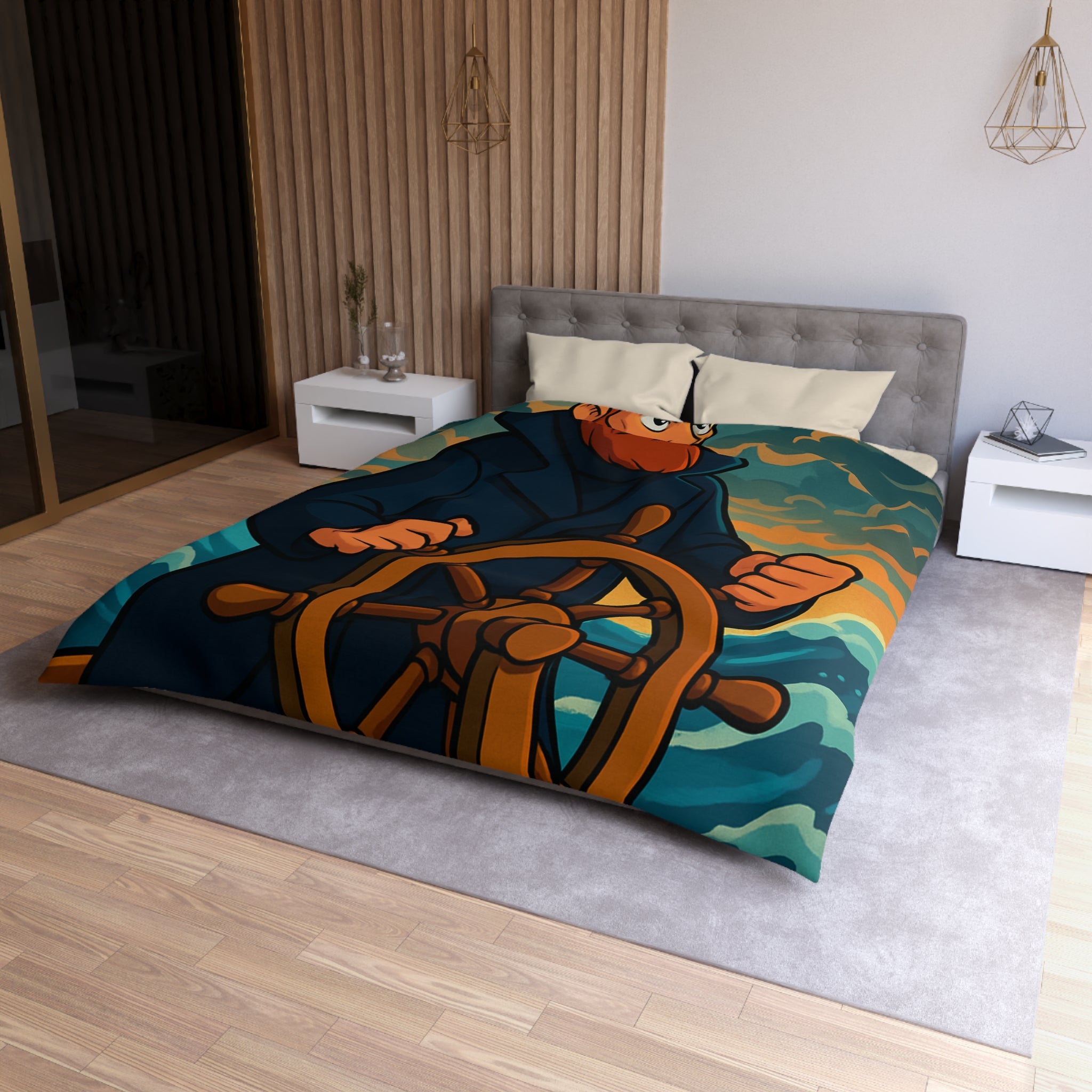 Housse de couette motif marin : capitaine courageux naviguant tempête en mer déchaînée