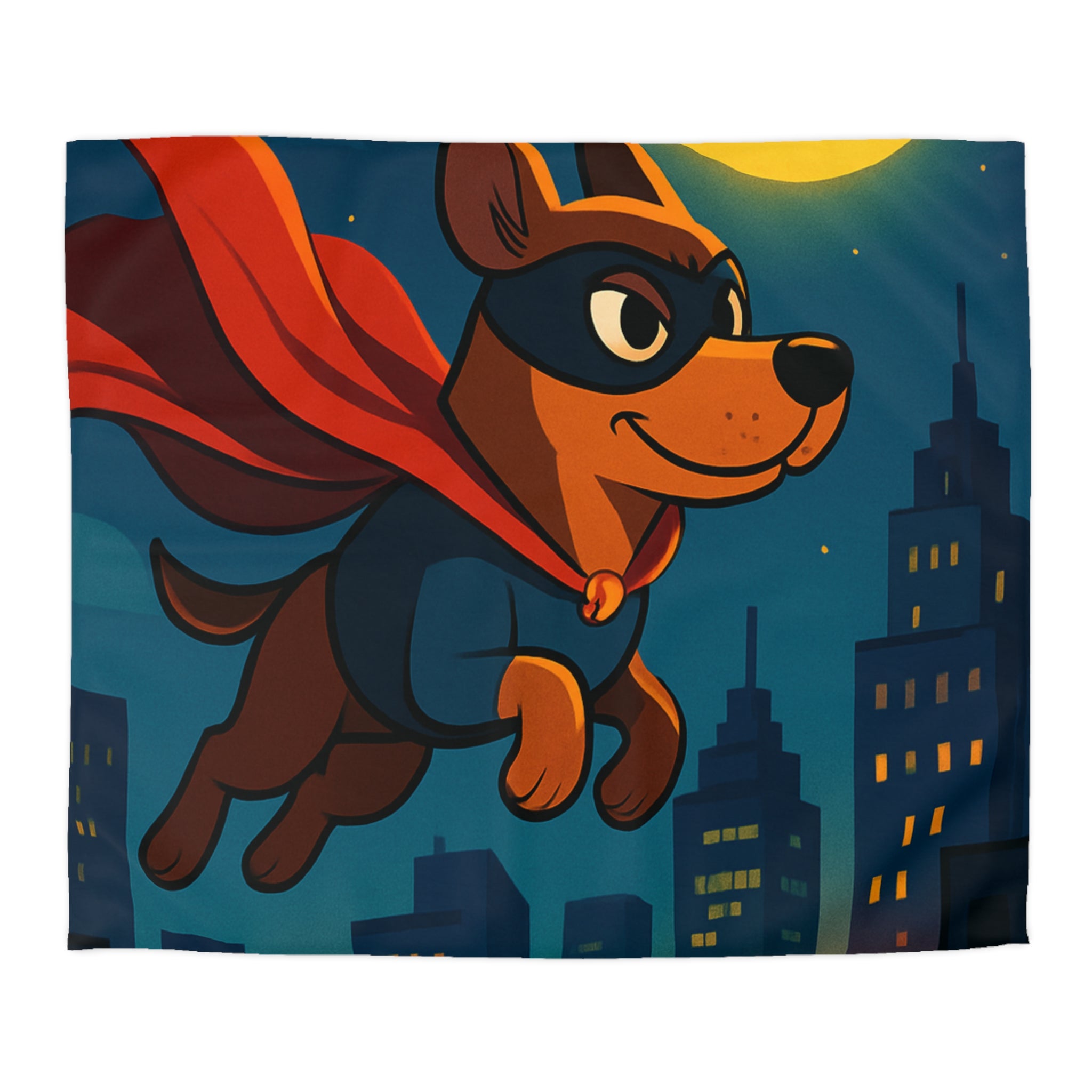 Super chien volant avec lune en forme d'os, cape rouge, horizon nocturne
