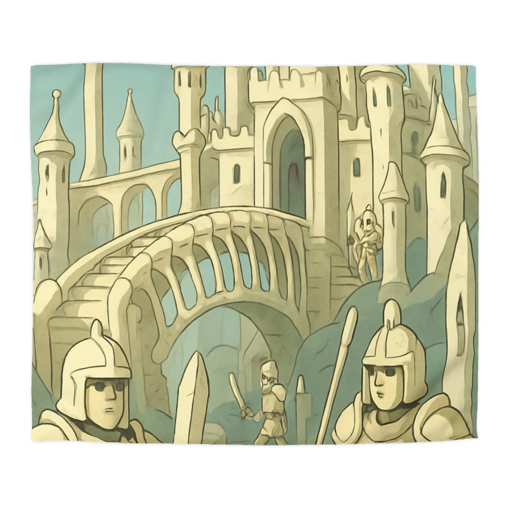 Housse de couette médiévale illustrée avec château crâne et chevaliers en armure