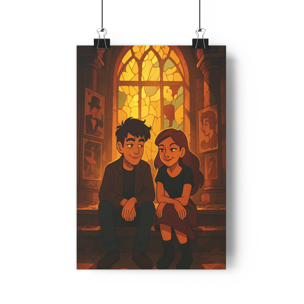 Poster décoratif animé vintage doré mystique salon chambre aventure fenêtre vitrail complice ambiance chaleureuse