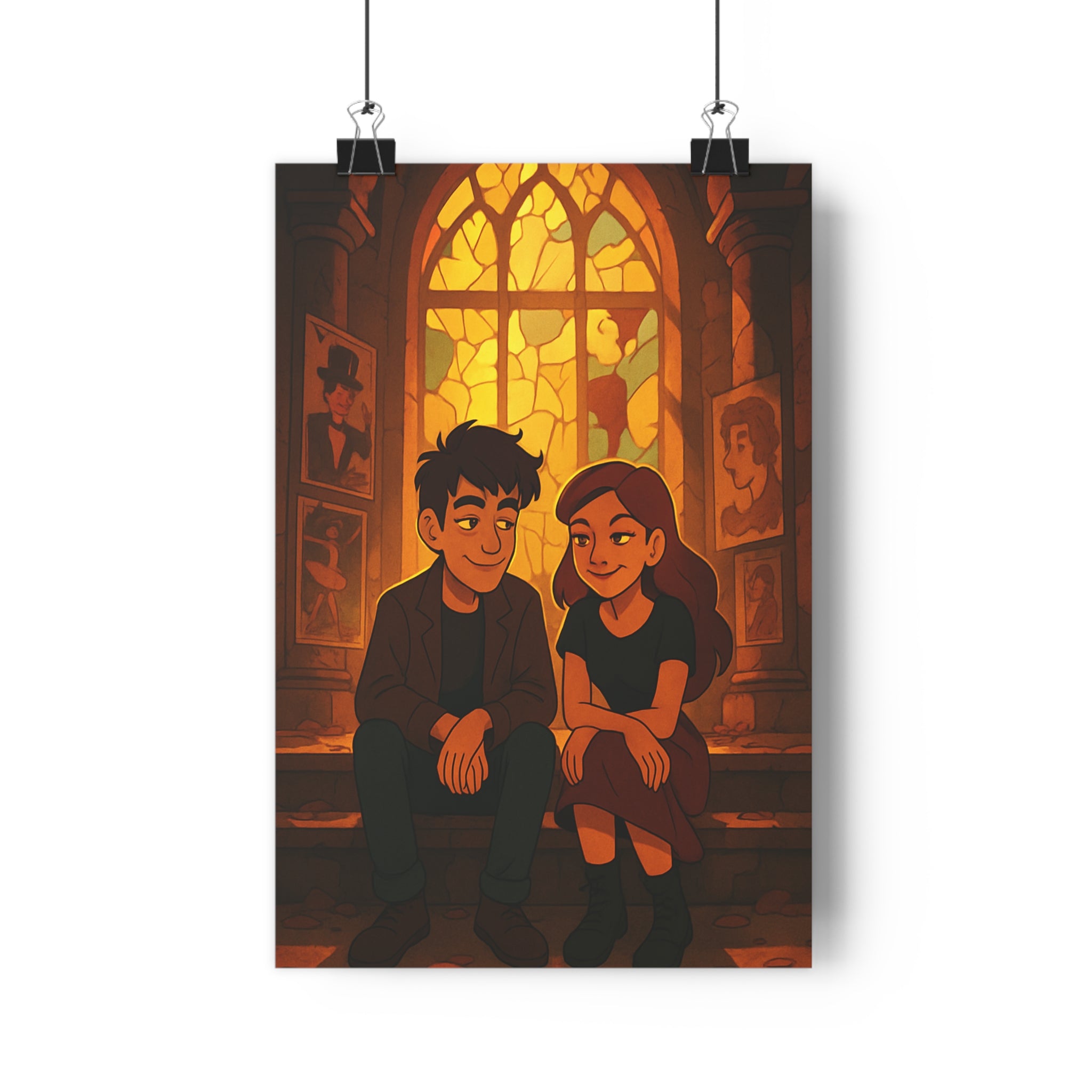 Poster décoratif animé vintage doré mystique salon chambre aventure fenêtre vitrail complice ambiance chaleureuse