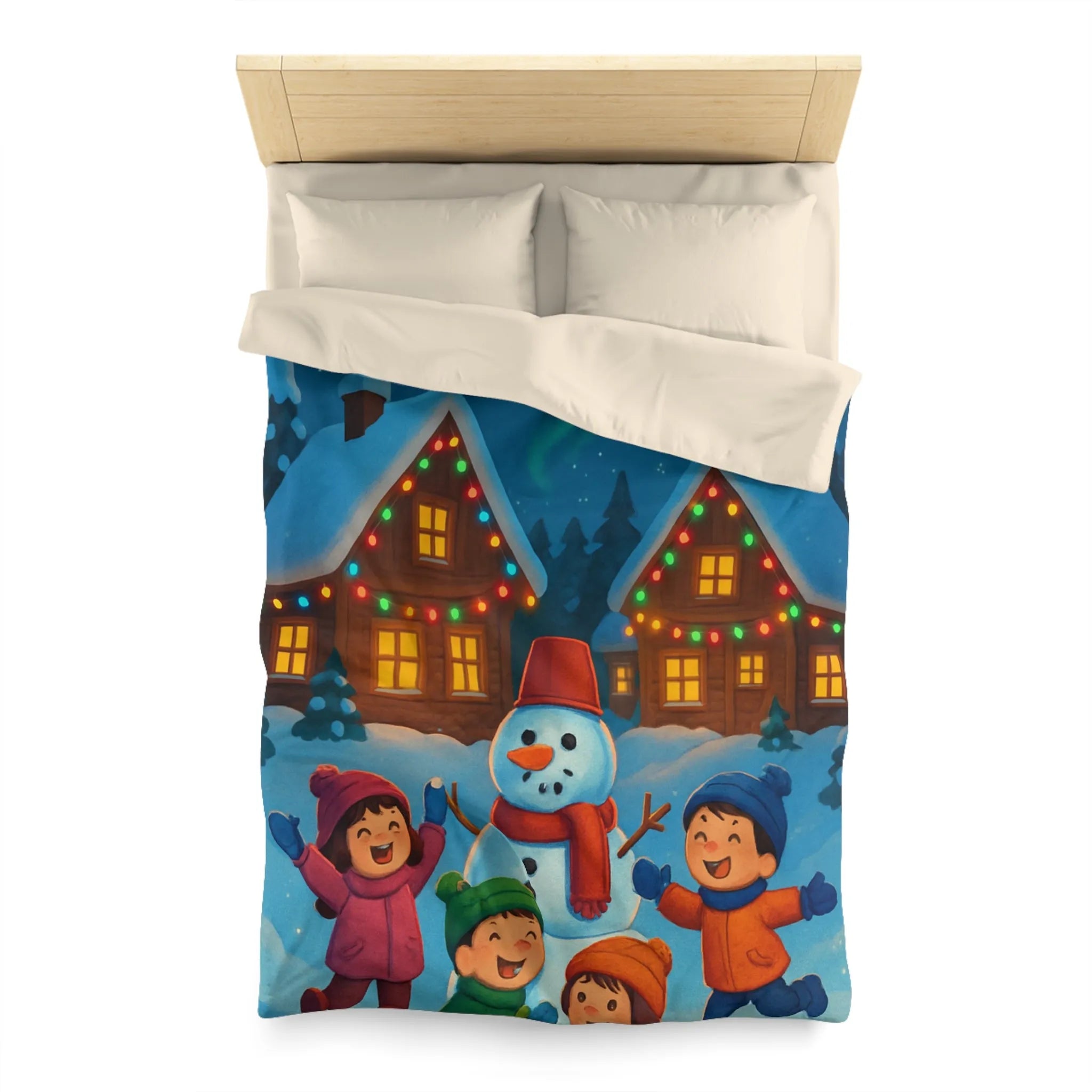 Housse de couette enfants avec design joyeux d'hiver, neige et cabanes éclairées