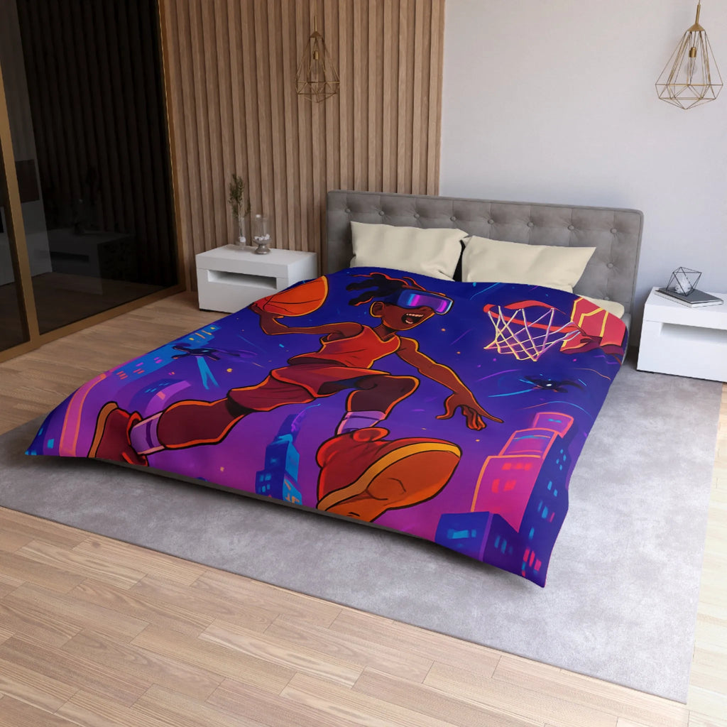Housse de couette colorée avec joueur de basket futuriste volant avec drones cabine urbaine