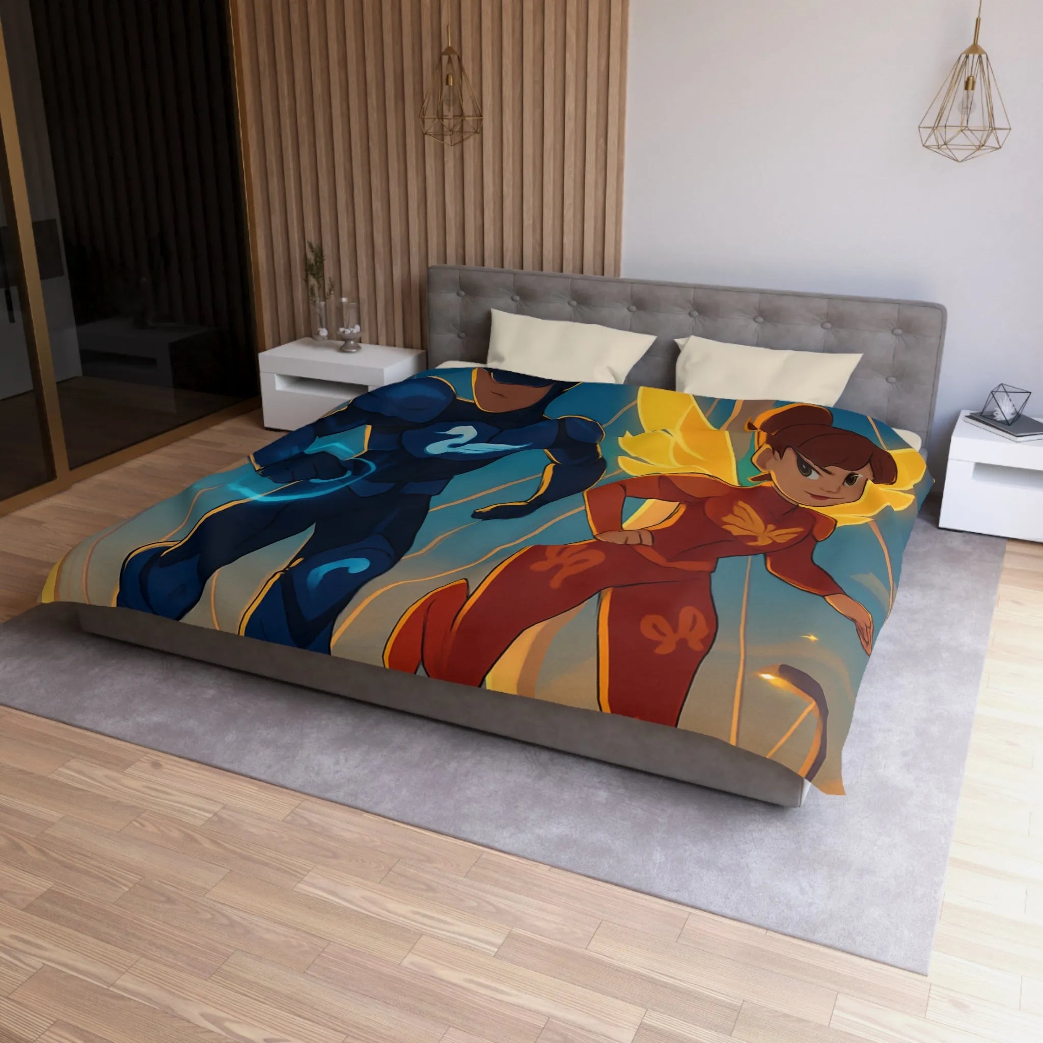 Housse de Couette Avec Héros Masqués et Ville au Crépuscule pour Chambre Enfant