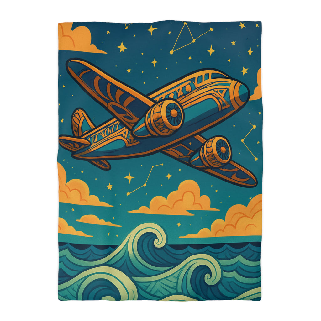 Housse de couette vintage avion voyageur sur ciel étoilé et mer tourmentée