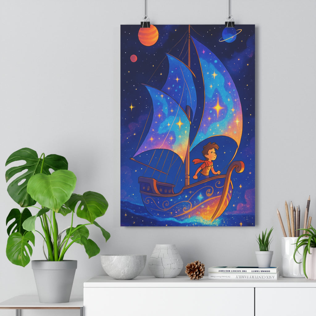 Poster décoratif espace étoilé bleu violet cartoon mystique chambre enfant aventure rêve artistique ambiance