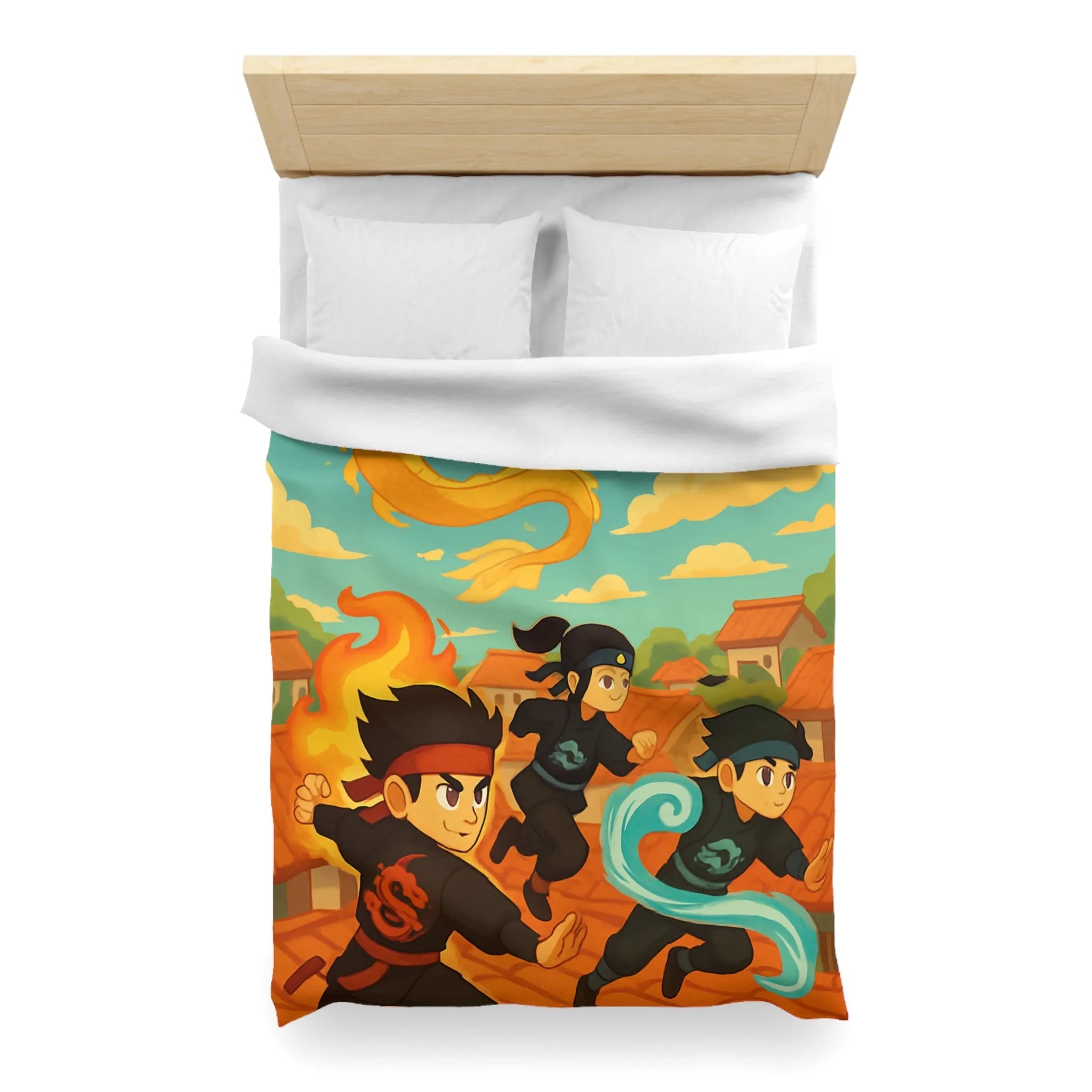 Housse de couette avec ninjas sautant et dragon doré dans un ciel ensoleillé