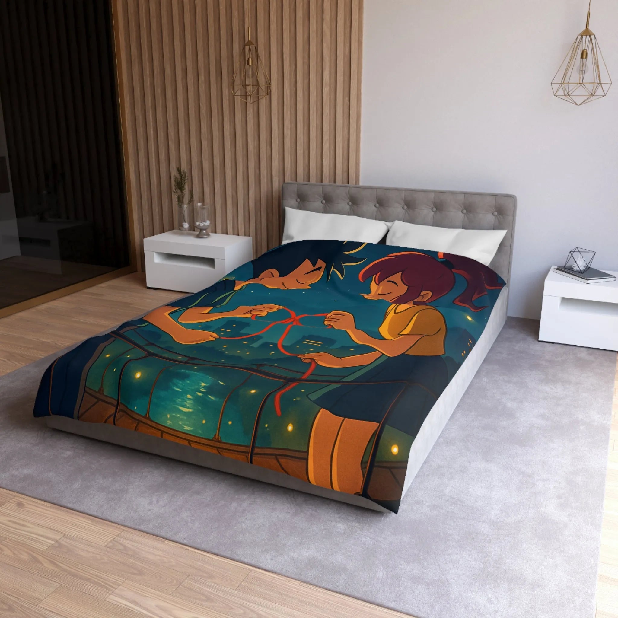 Housse de couette animée couple amoureux sur pont au-dessus d'une ville étoilée