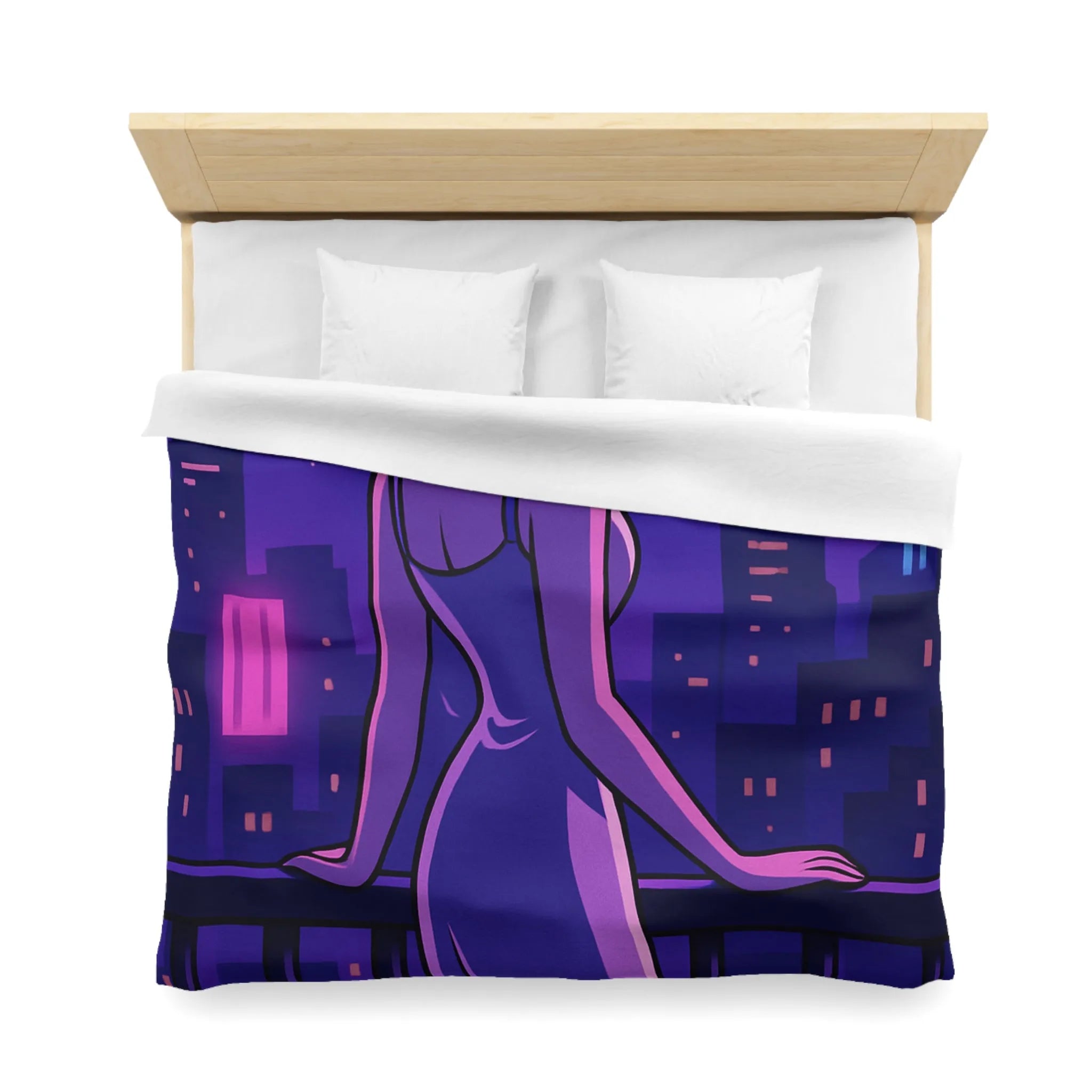 Housse de couette avec femme contemplant ville nocturne éclairée, style rétro futuriste animé