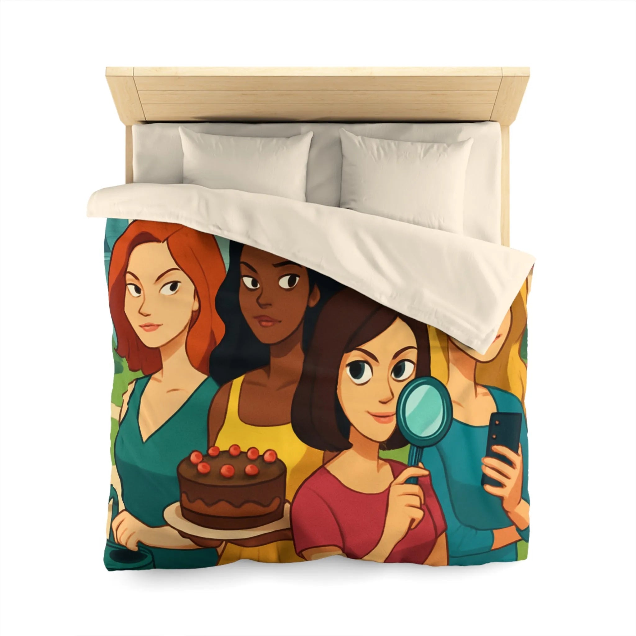 Housse de Couette Illustrée Fête Femme Jardin avec Loupe Gâteau et Téléphone