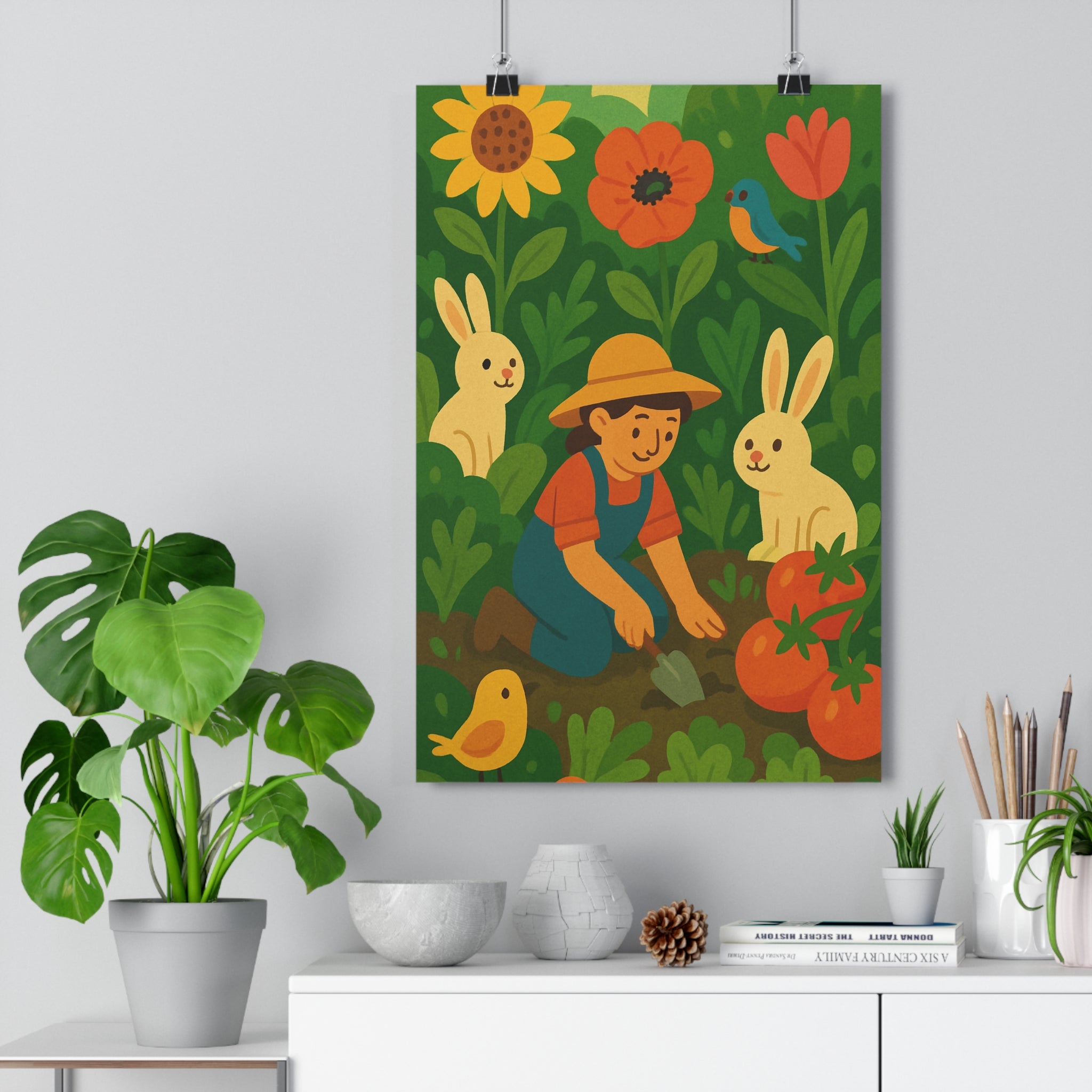 Poster décoratif jardin cartoon joyeux coloré enfant chambre bleu jaune nature botanique illustration qualité