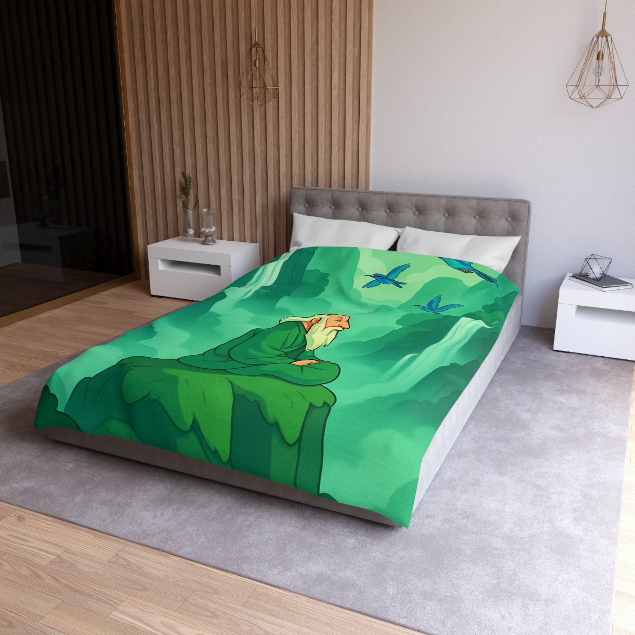 Housse de couette zen avec paysage serein et oiseaux en vol apaisant