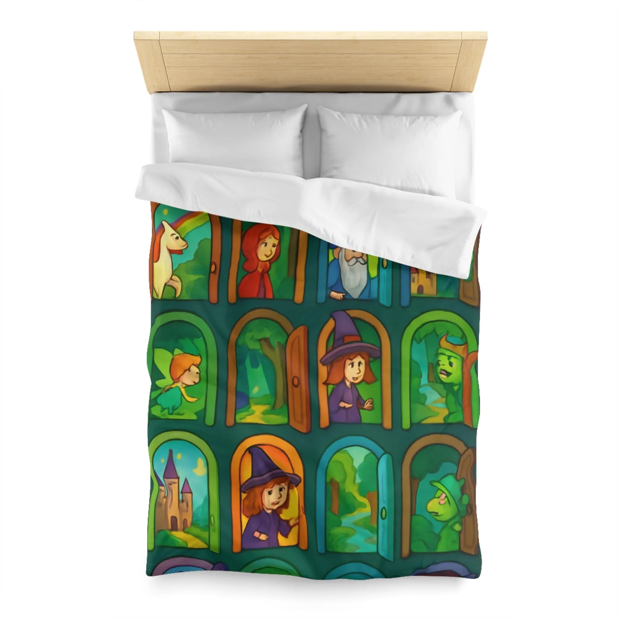 Enchantement magique avec motifs de sorcières, chevaux, et châteaux sur housse de couette