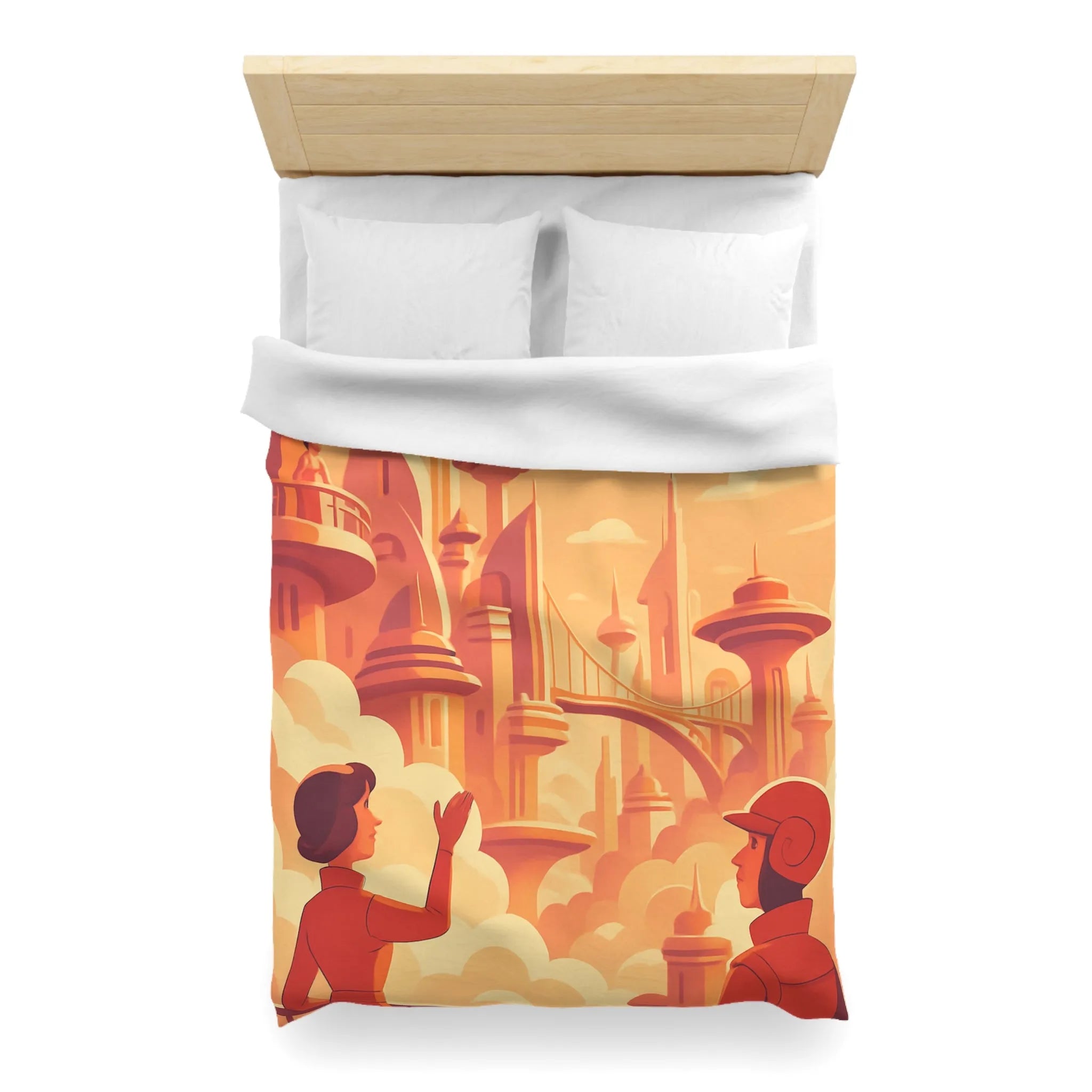 Housse de Couette Art Déco Futuriste avec Avion dans Ciel Orange et Ville Flottante